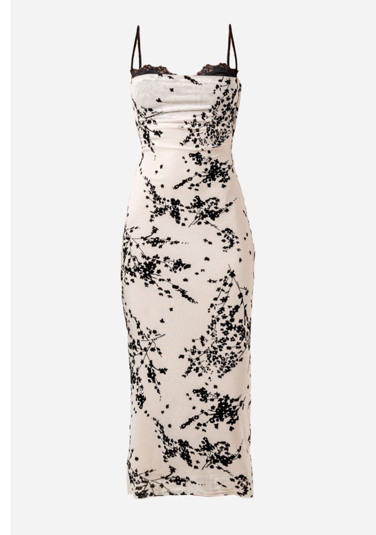 Robe midi en velours dévoré à bonnets spaghetti et résille