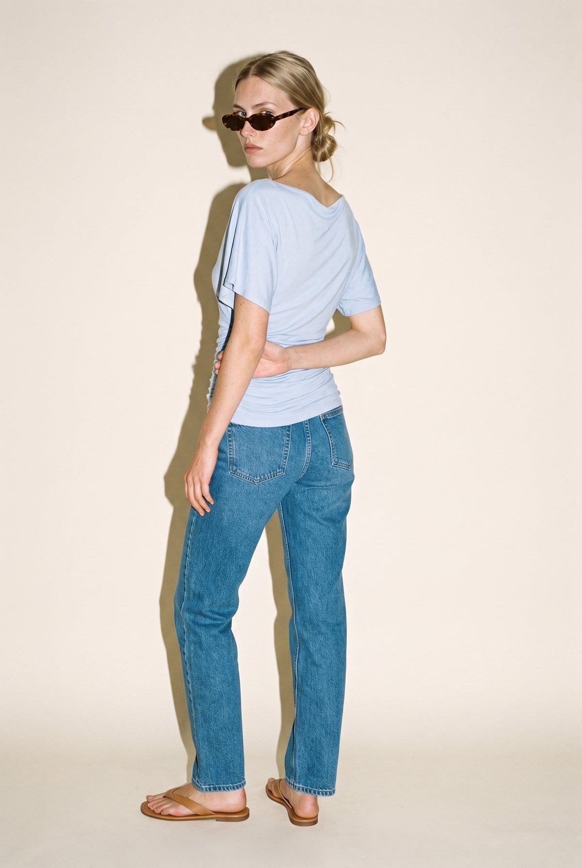 Livia Cowl-neck Ruched Top Light Blue Loucia