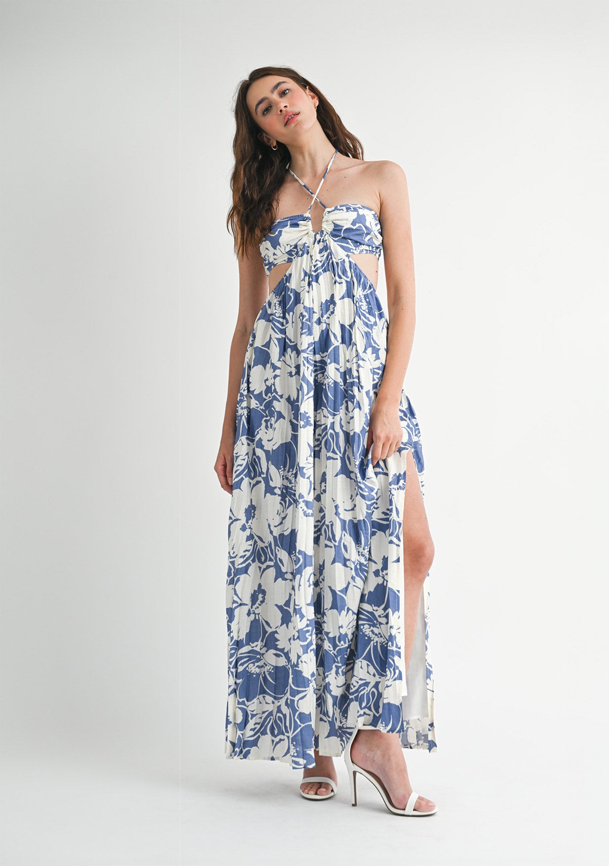 Halter Neck Cutout Midi Dress Blue