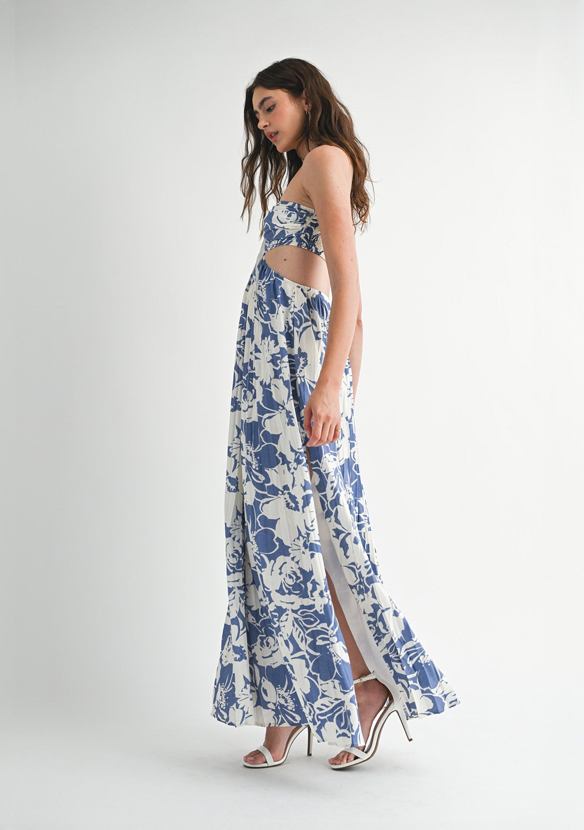 Halter Neck Cutout Midi Dress Blue