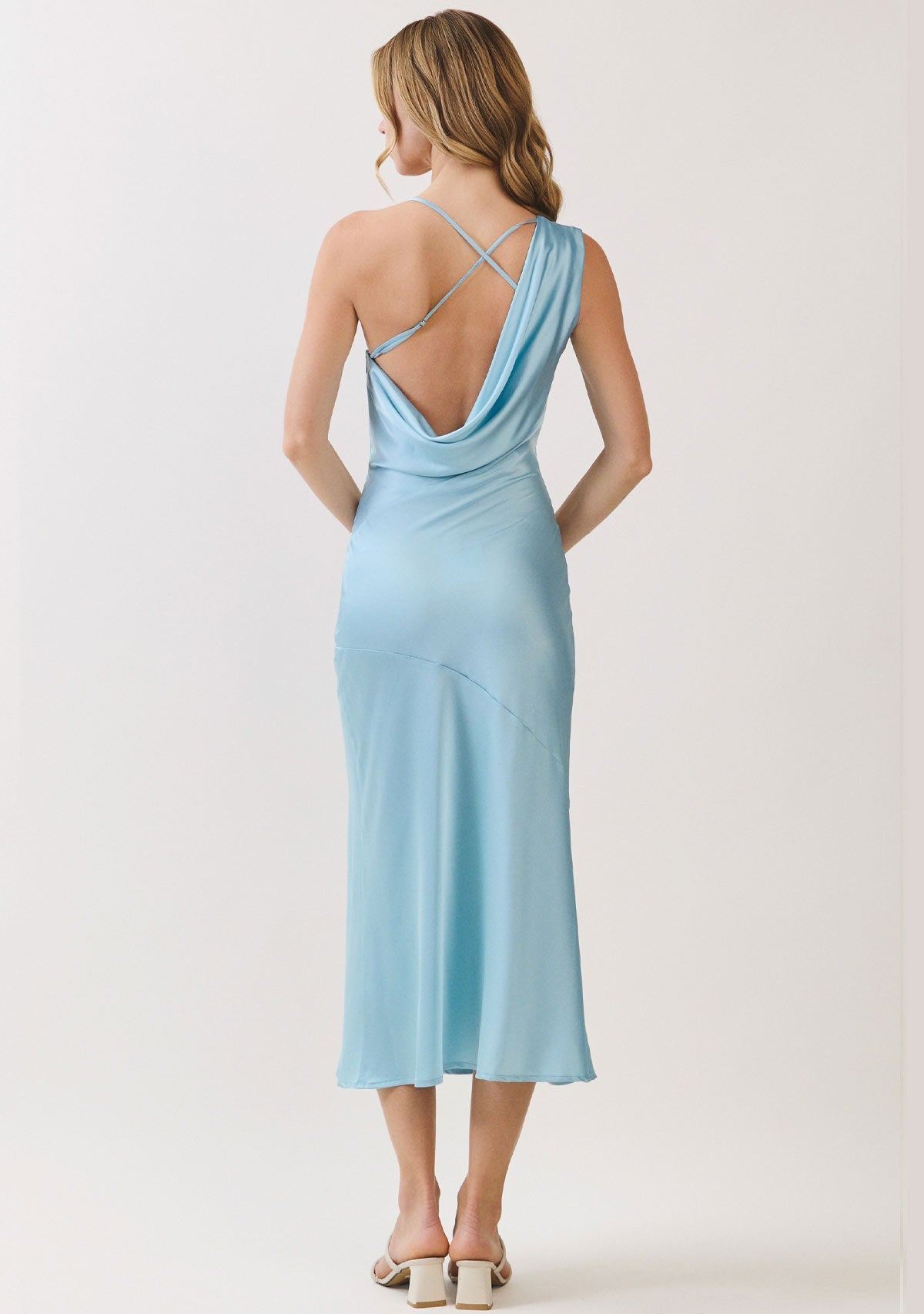 One-shoulder Draped Back Satin Dress Sky