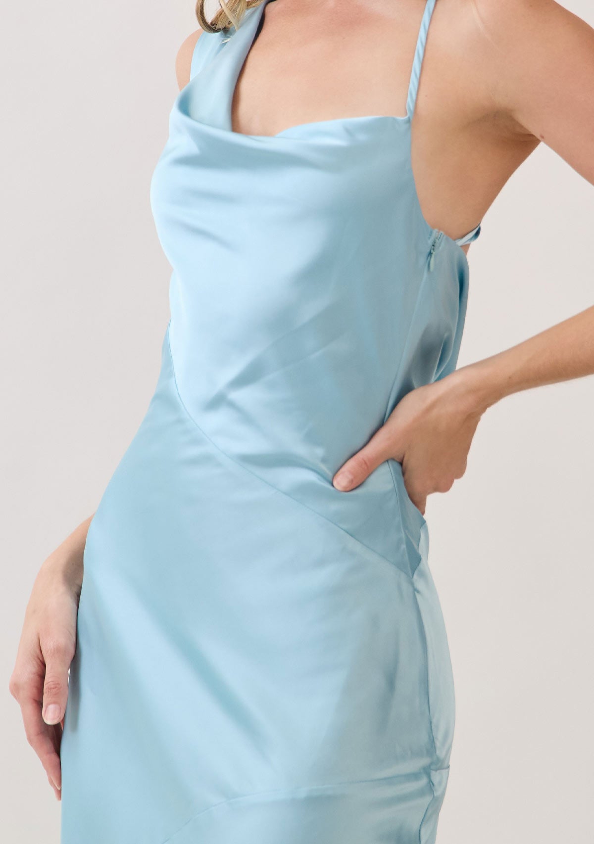 One-shoulder Draped Back Satin Dress Sky