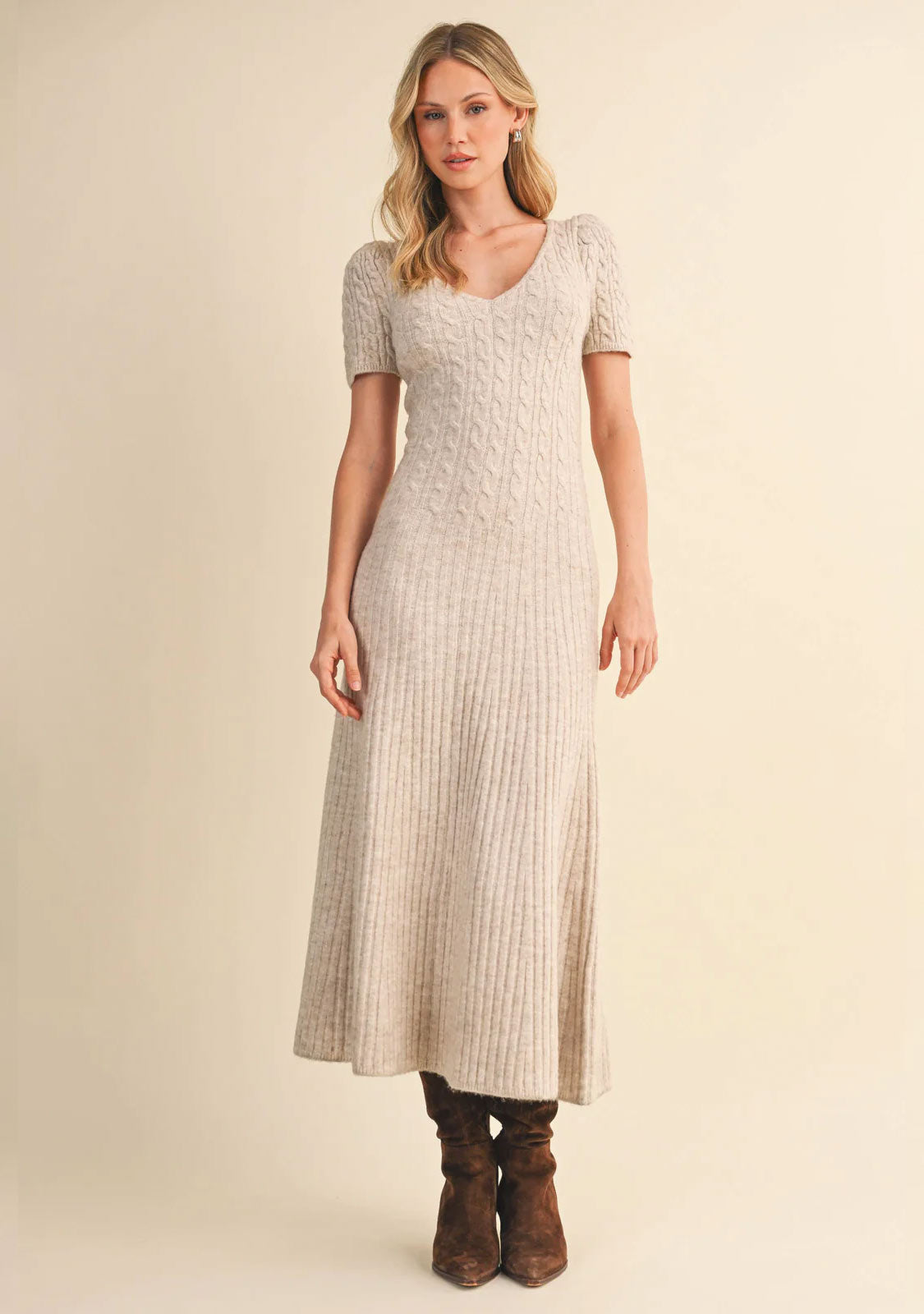 Low Scoop Neckline Cable Midi Sweater Dress Oatmeal