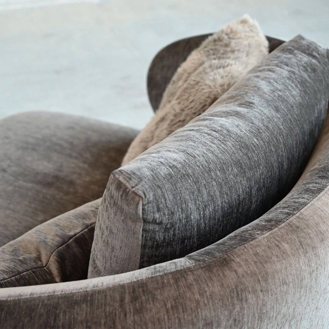 VOLTAIRE Lounge Chair Mocha Bean with Cocoa Bunny Square Pillows Fabric