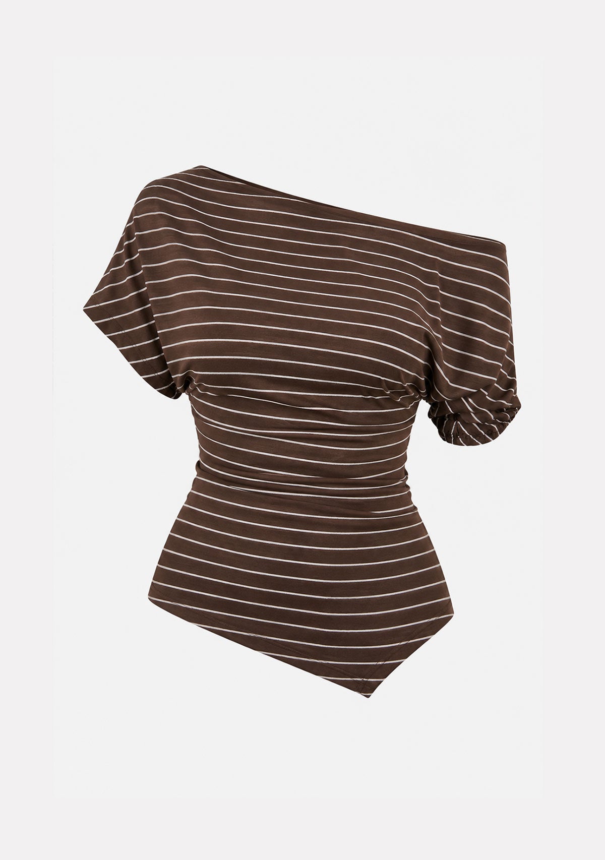 Asymmetrical Neck Ruching Shoulder Knit Top Brown Stripe