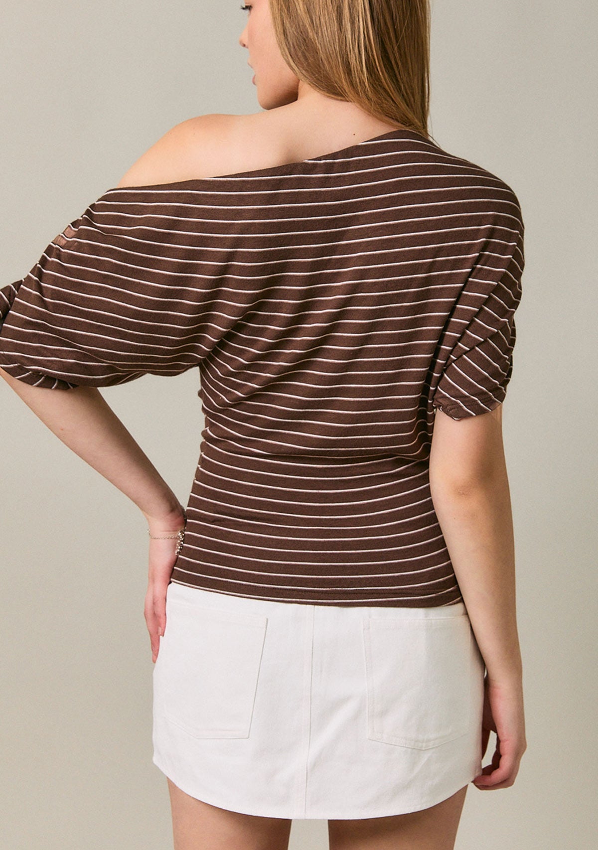 Asymmetrical Neck Ruching Shoulder Knit Top Brown Stripe