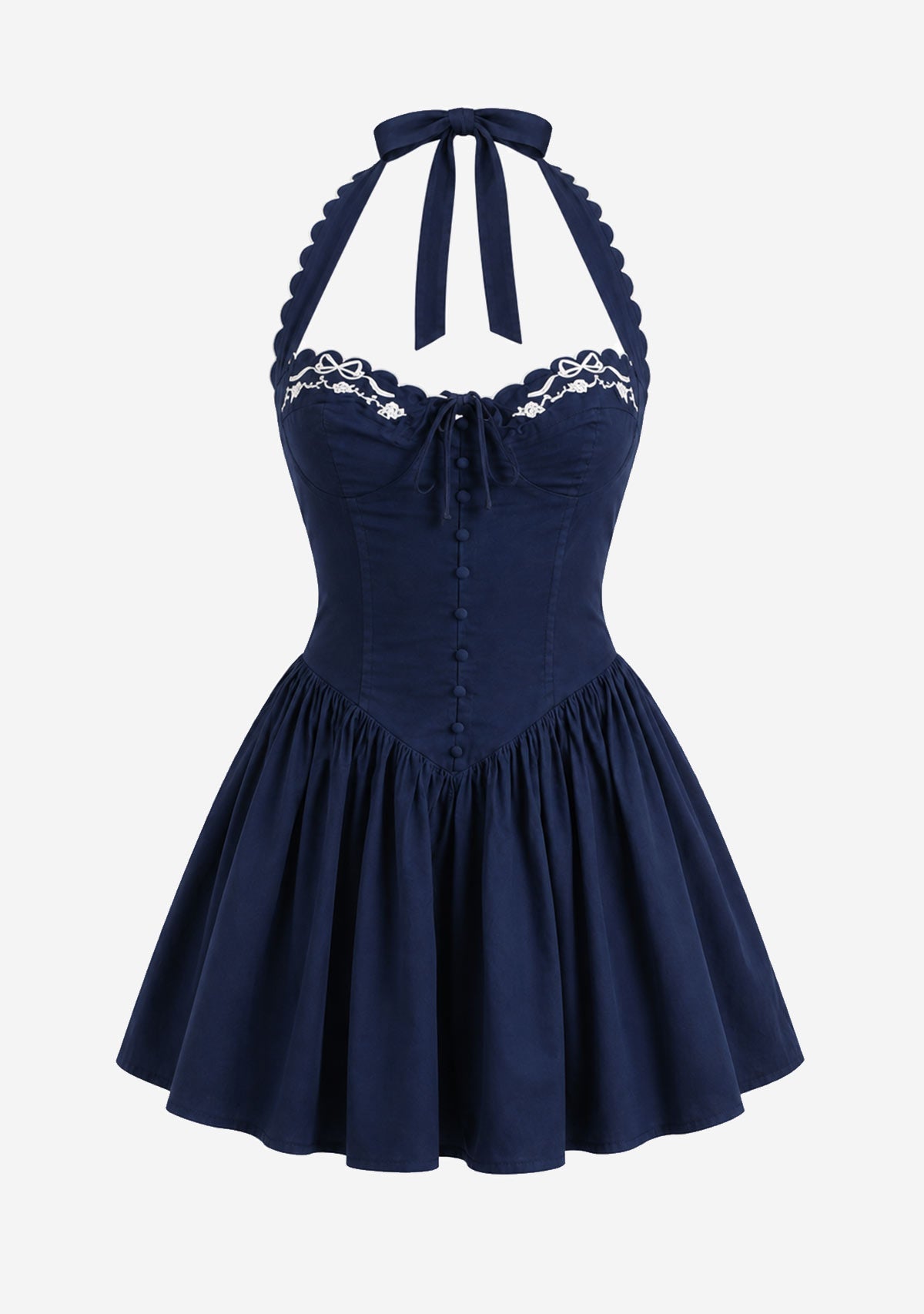 Emboridered Sweetheart Neck Line Halter Mini Dress Navy MABLE