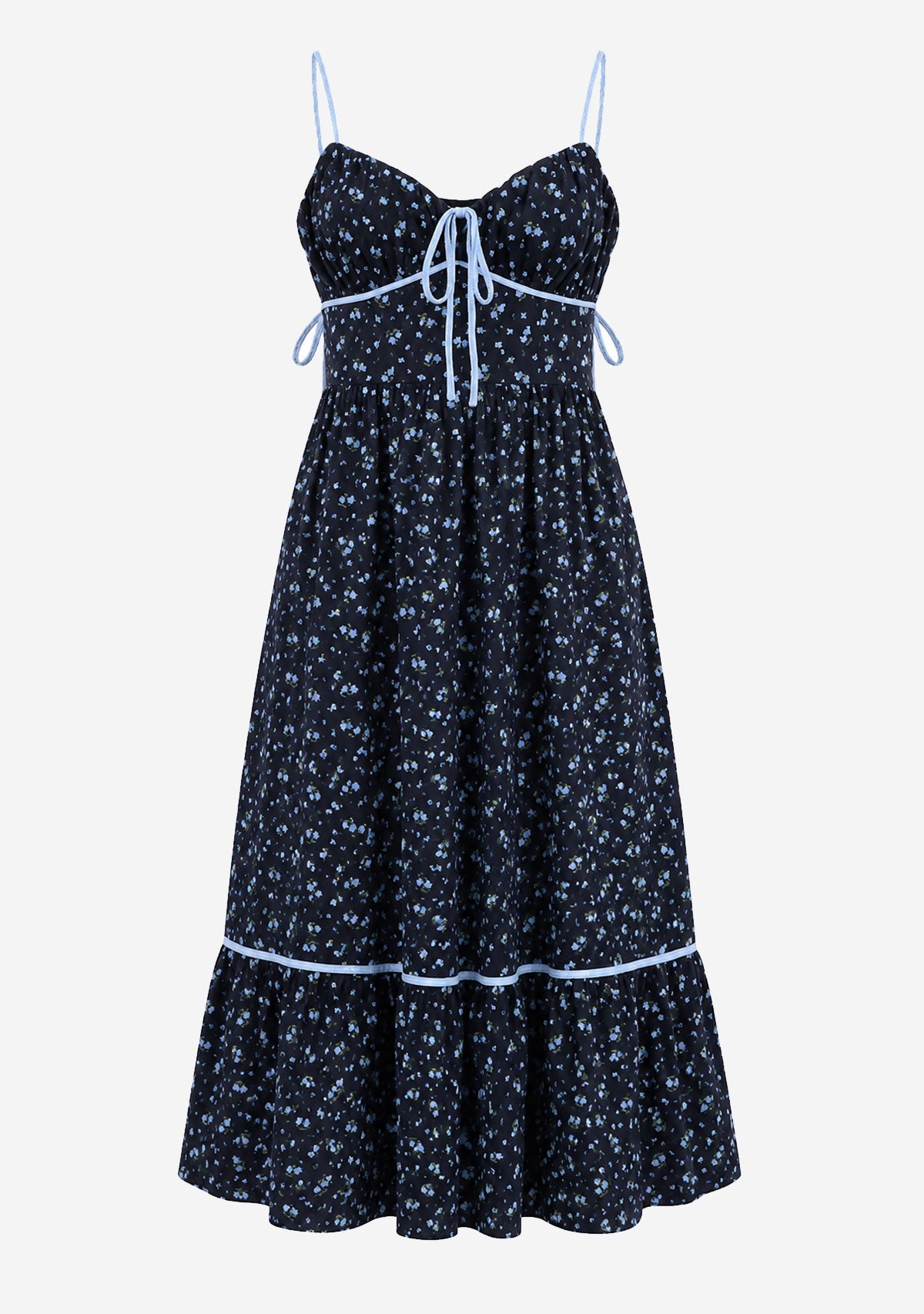 Floral Printed Gingham Contrast Midi Dress Navy Mable