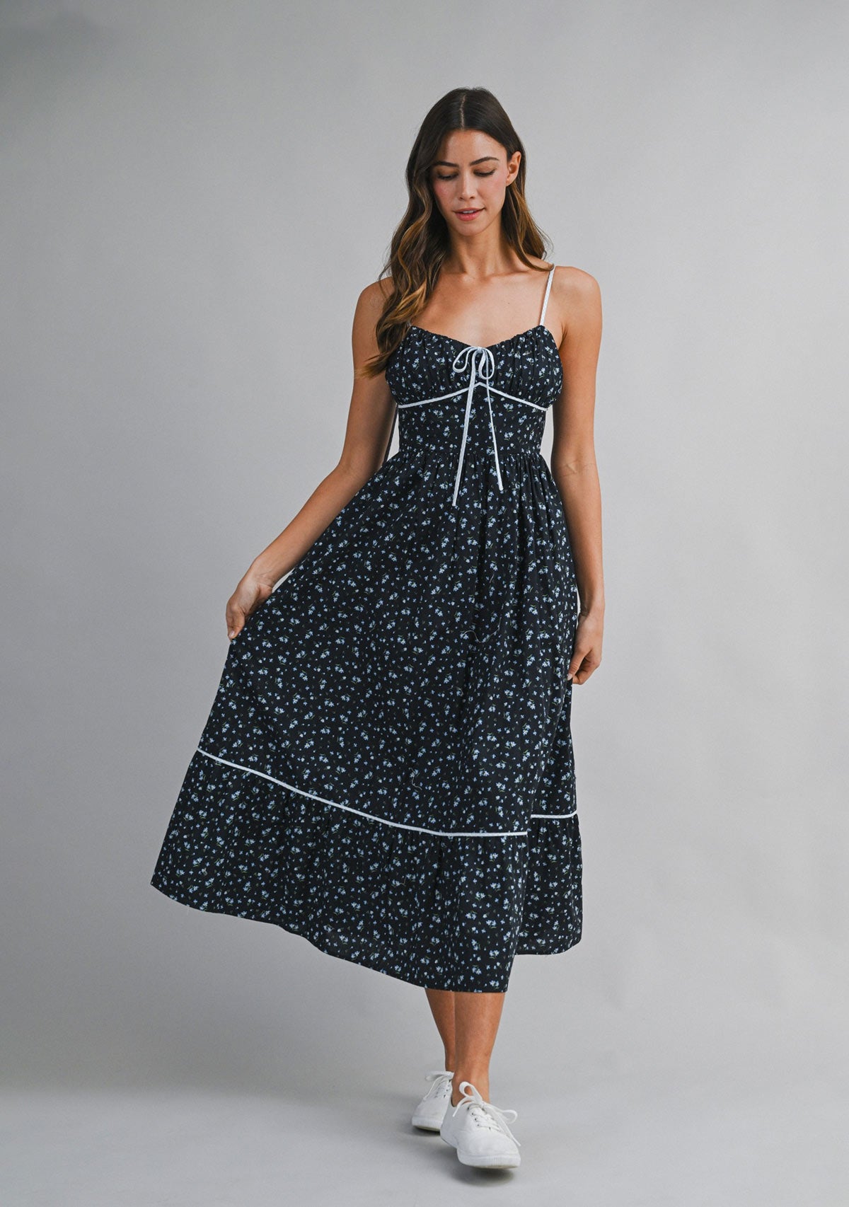 Floral Printed Gingham Contrast Midi Dress Navy