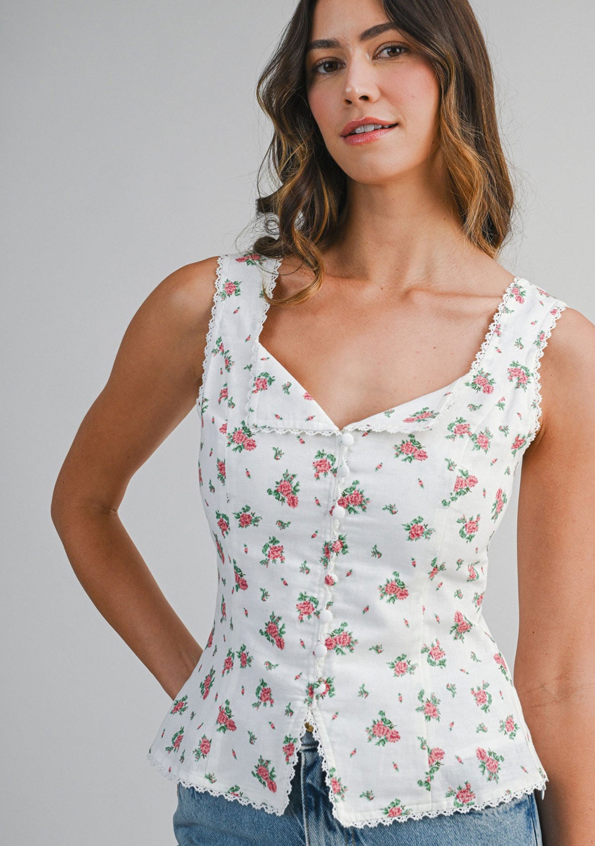 Floral Printed Sleeveless Top Off White