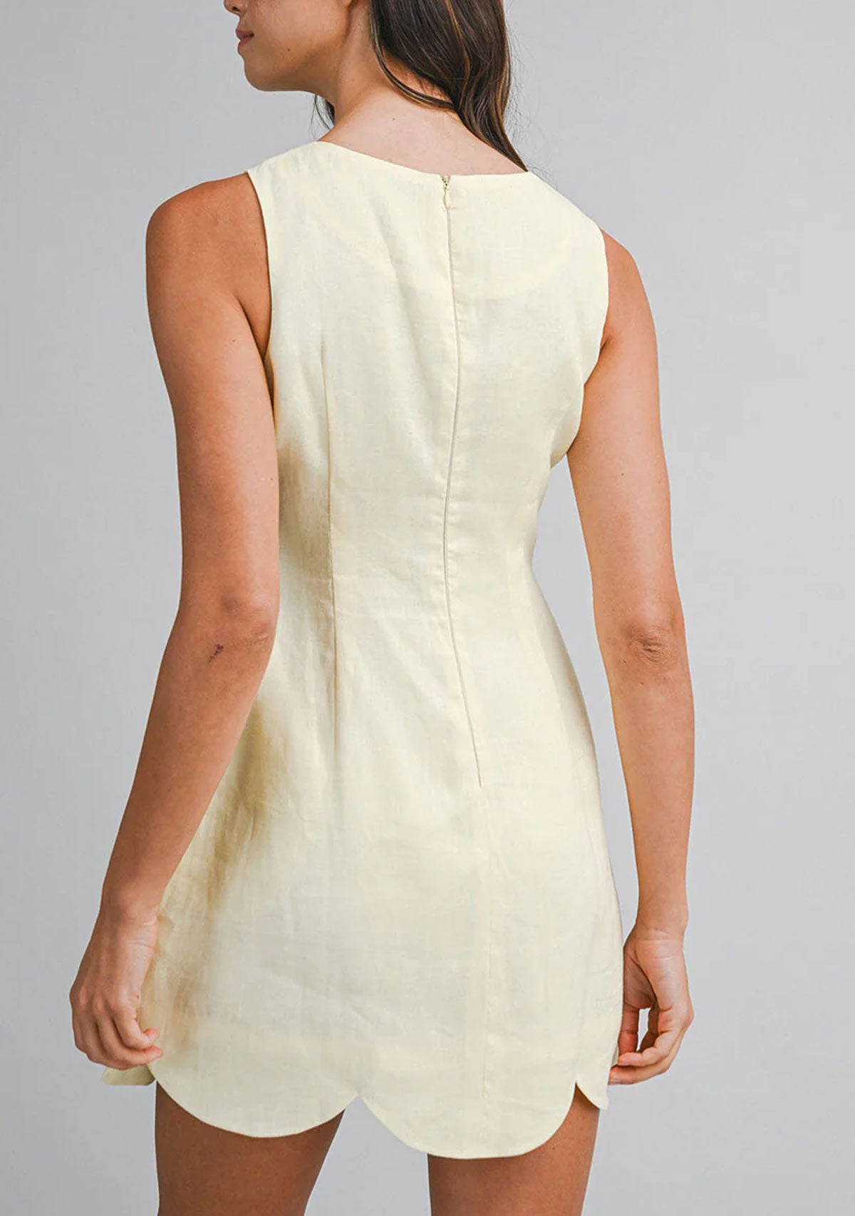 Linen Scallop Hem Mini Dress Butter Yellow