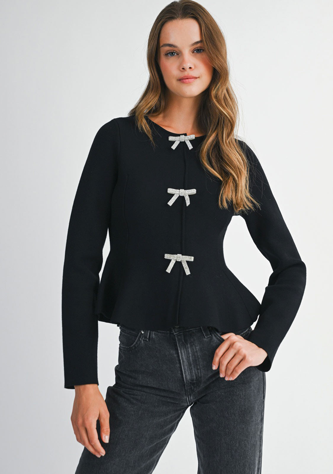 Jewel Bow Front Knit Top Black
