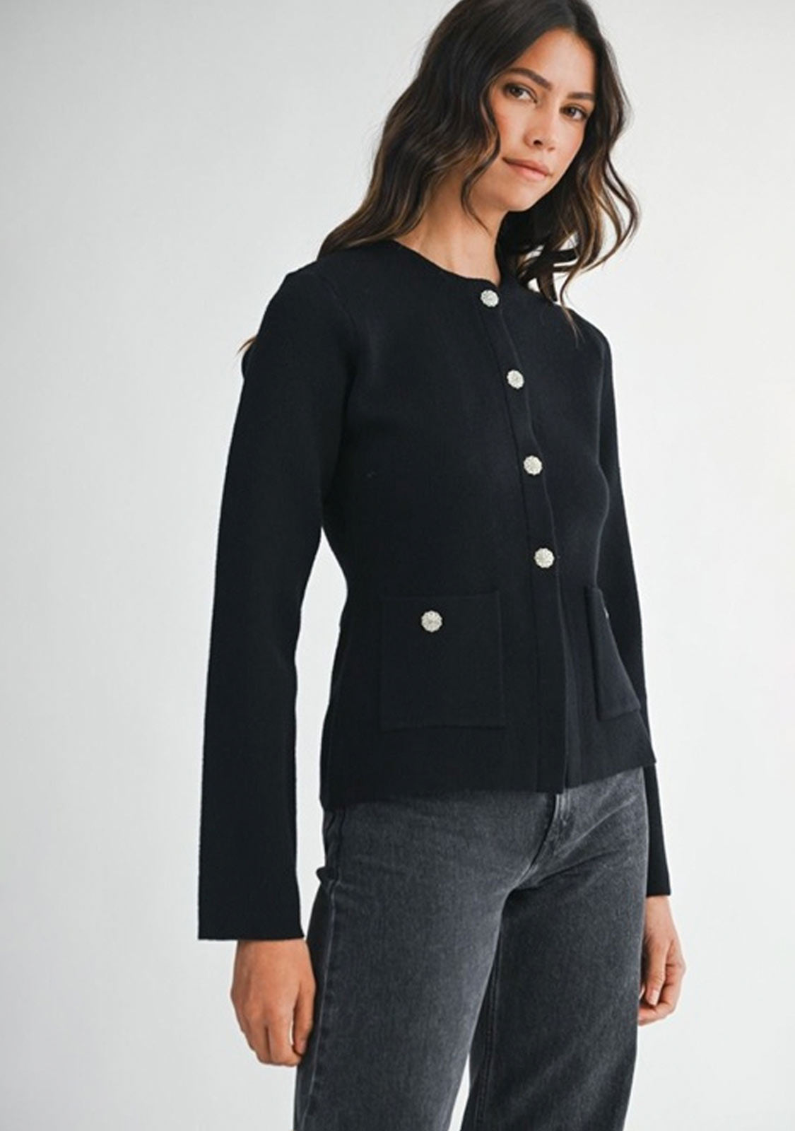 Knit Front Jewel Button Jacket Black