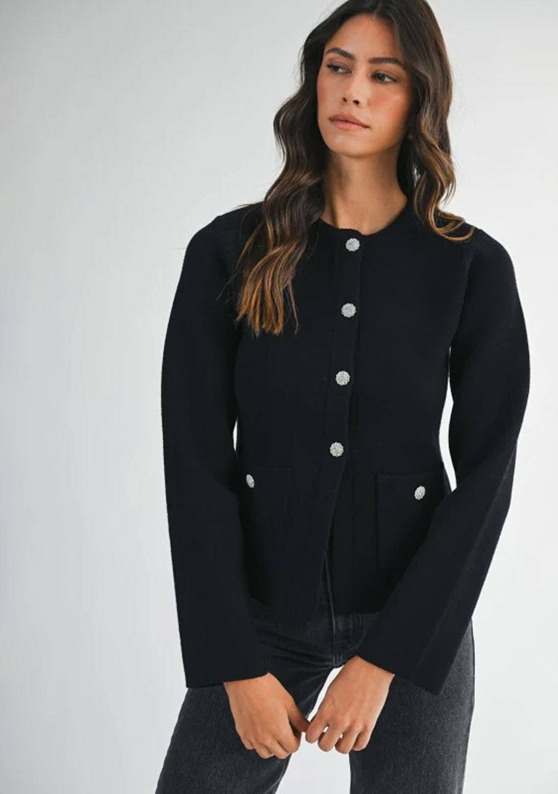 Knit Front Jewel Button Jacket Black