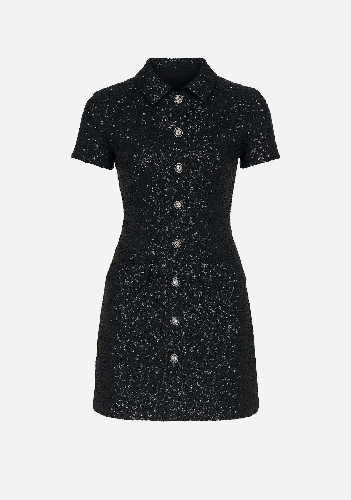Sequin Knit Polo Mini Dress Black