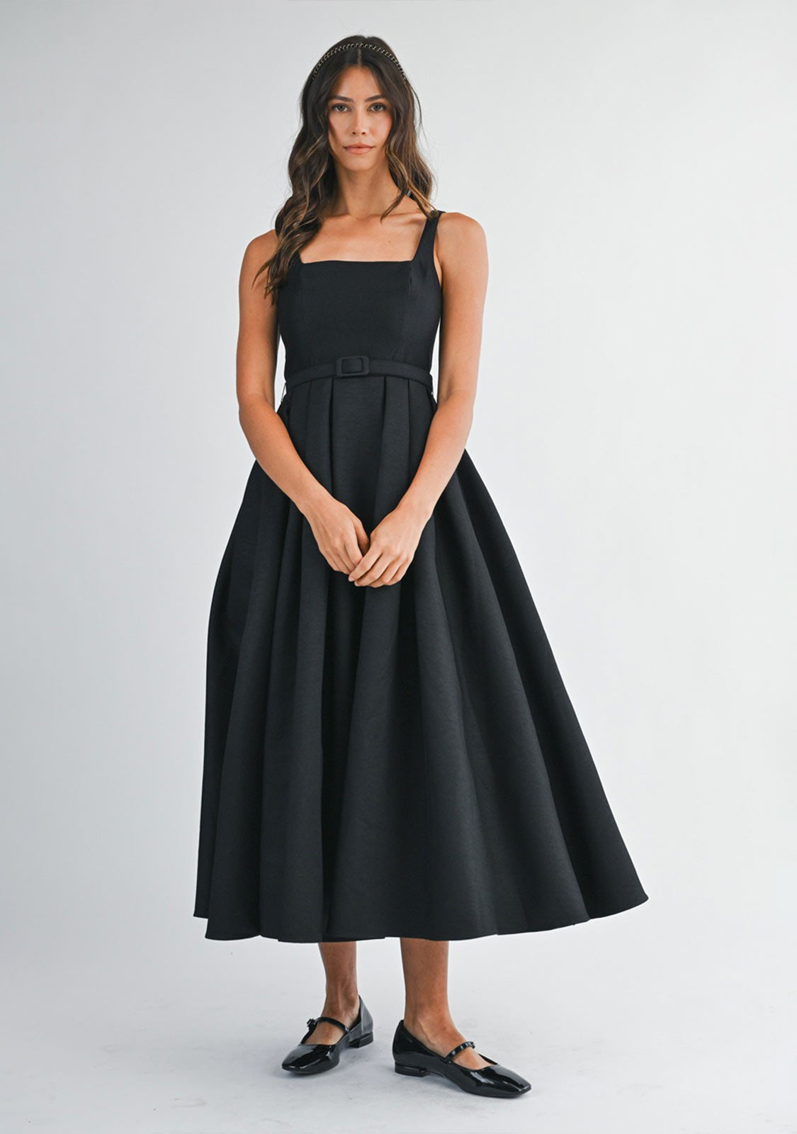 Waist Belted Fit And Flare Textured Satin Midi Dress Black