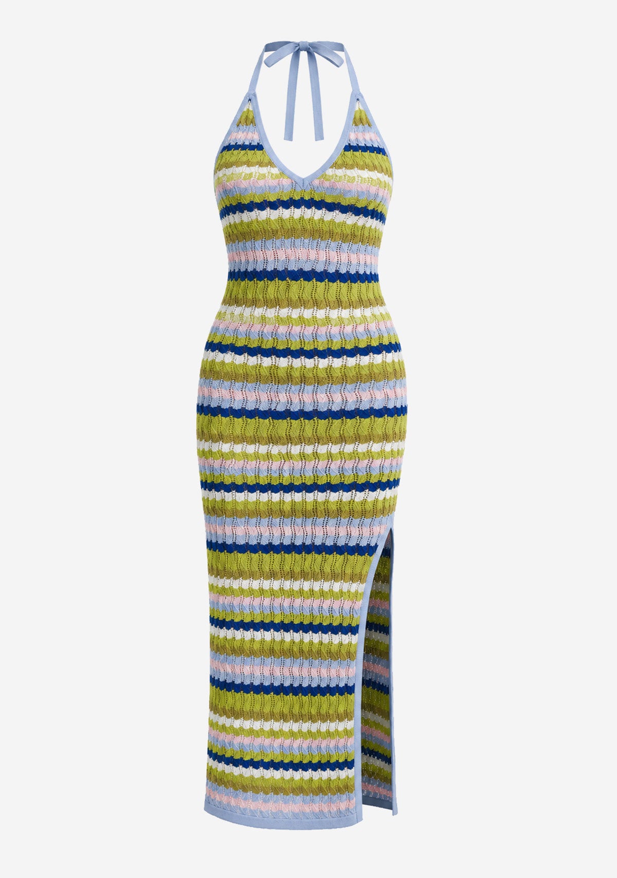 Multi Wavy Stripe Halter Neck Knit Maxi Dress