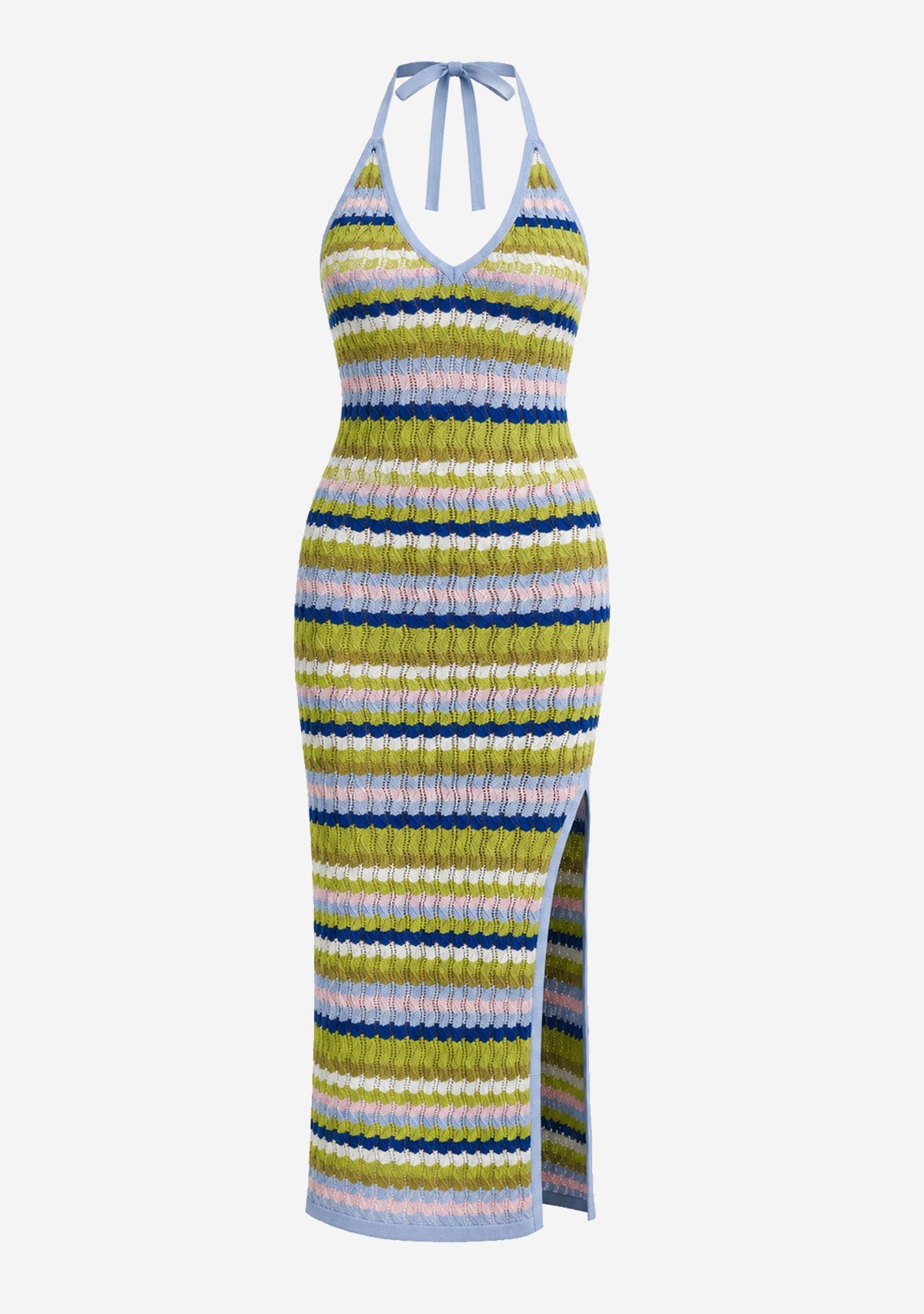 Multi Wavy Stripe Halter Neck Knit Maxi Dress Mable