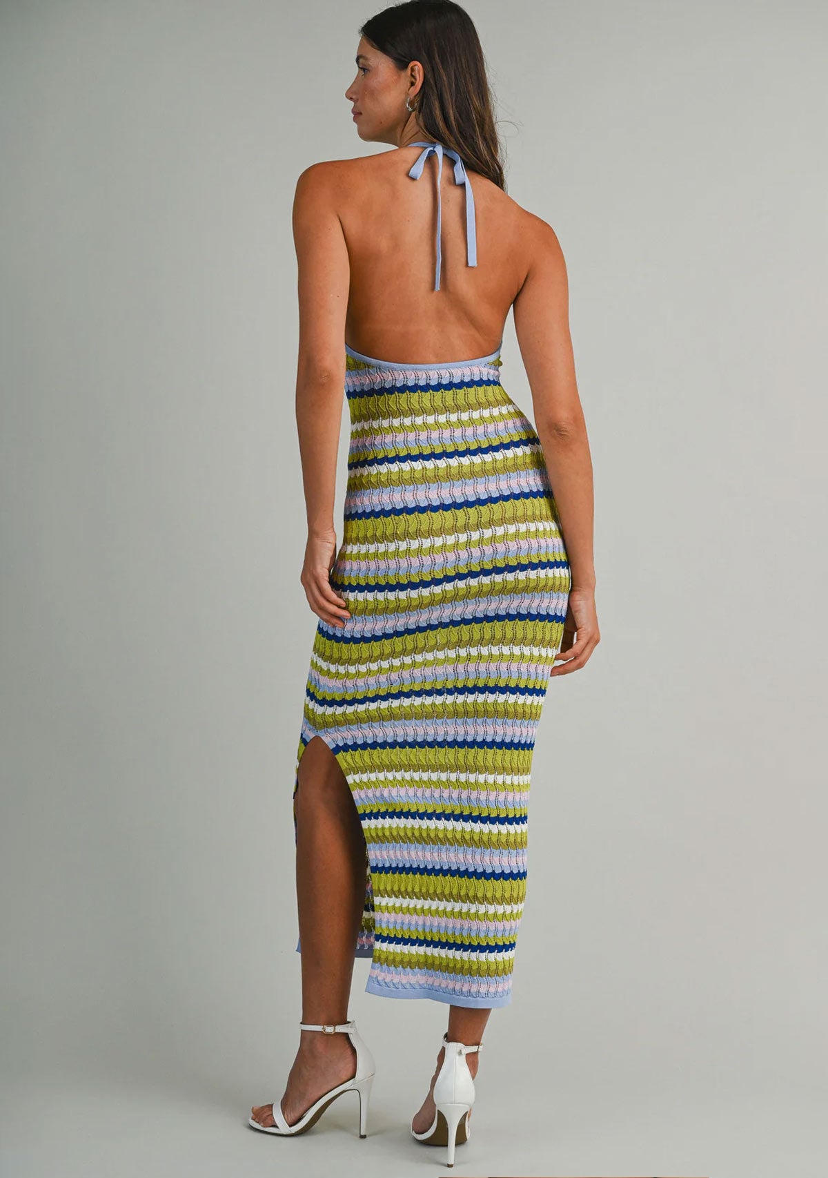 Multi Wavy Stripe Halter Neck Knit Maxi Dress