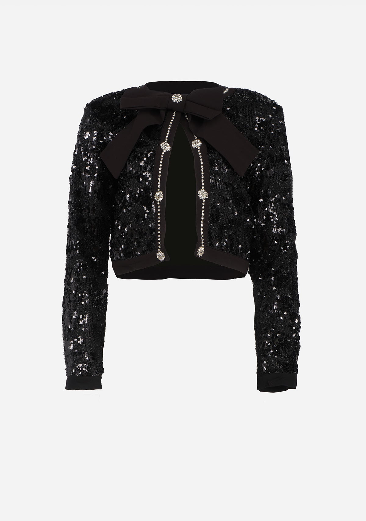 Sequin Tweed Bow Trim Front Crop Jacket The Latest Scoop