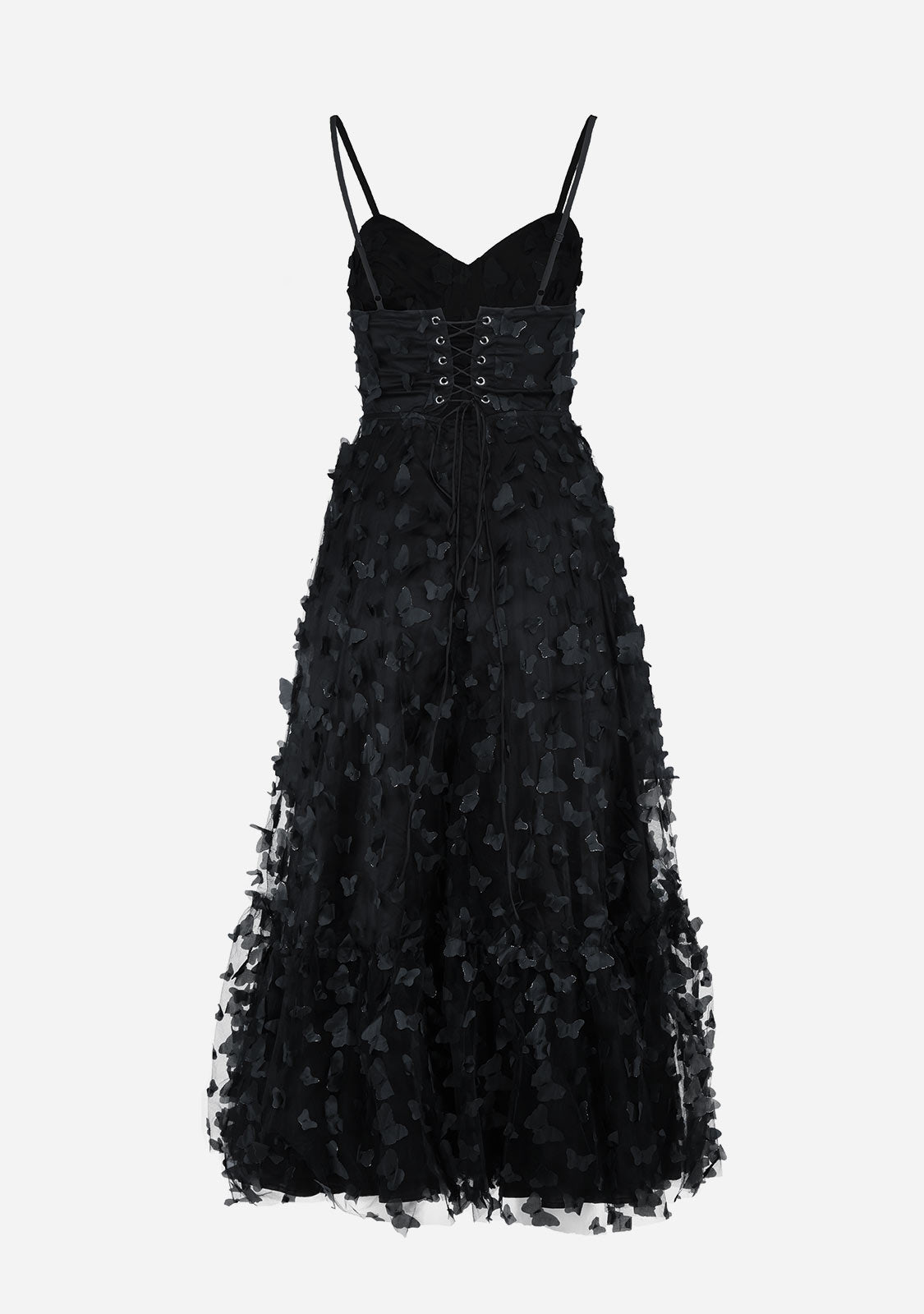 Textured Mesh Lace Up Back Bustier Midi Dress Black