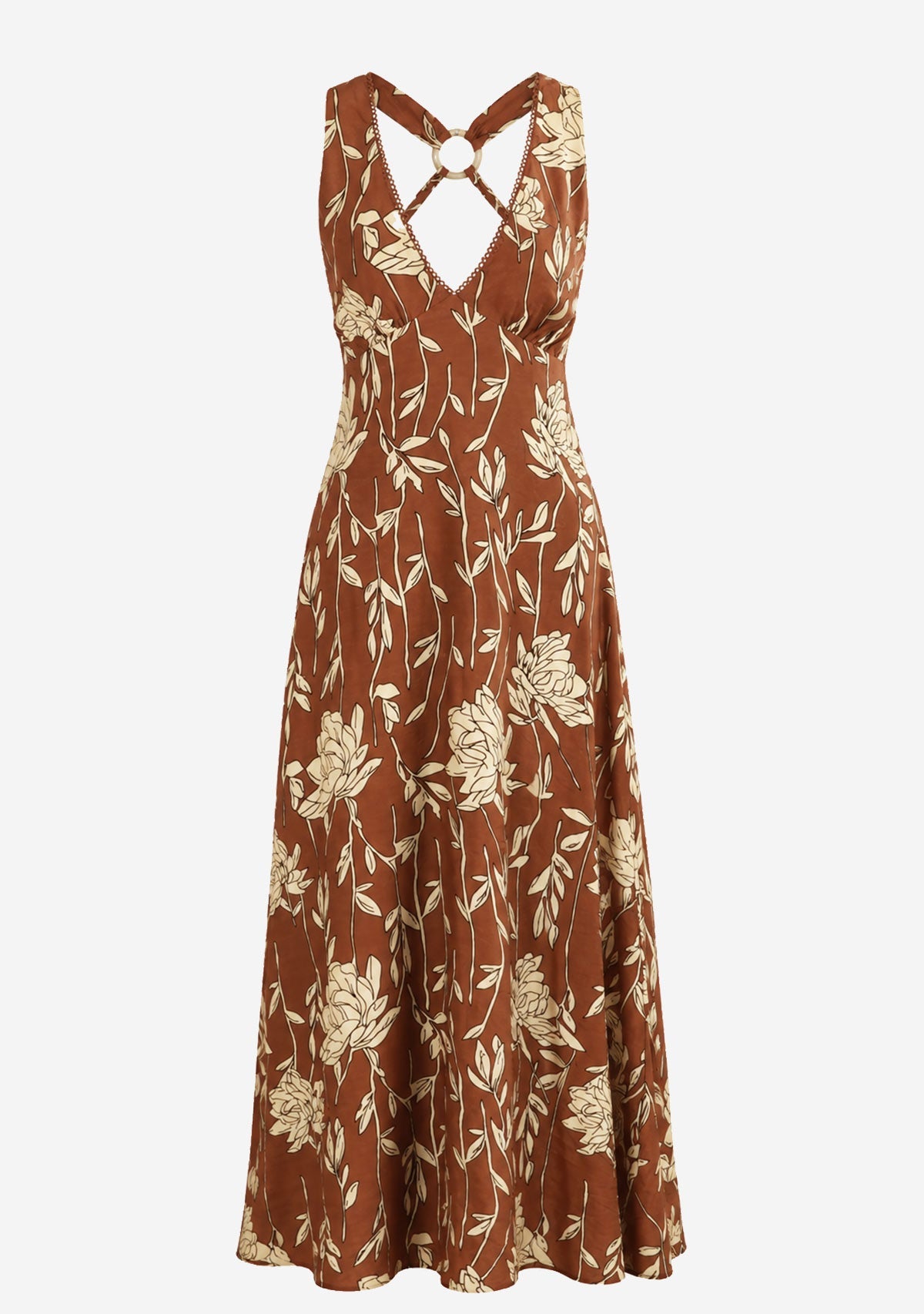 V Neck Back Strap Midi Dress Brown Mable