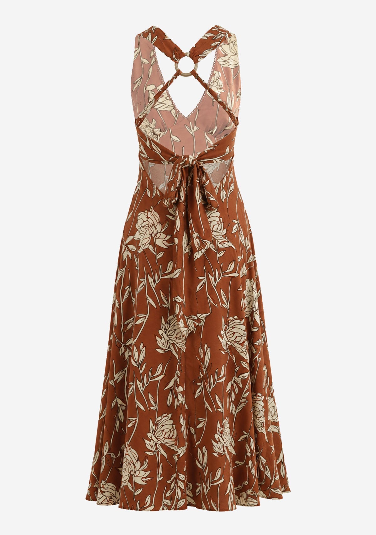 V Neck Back Strap Midi Dress Brown Mable