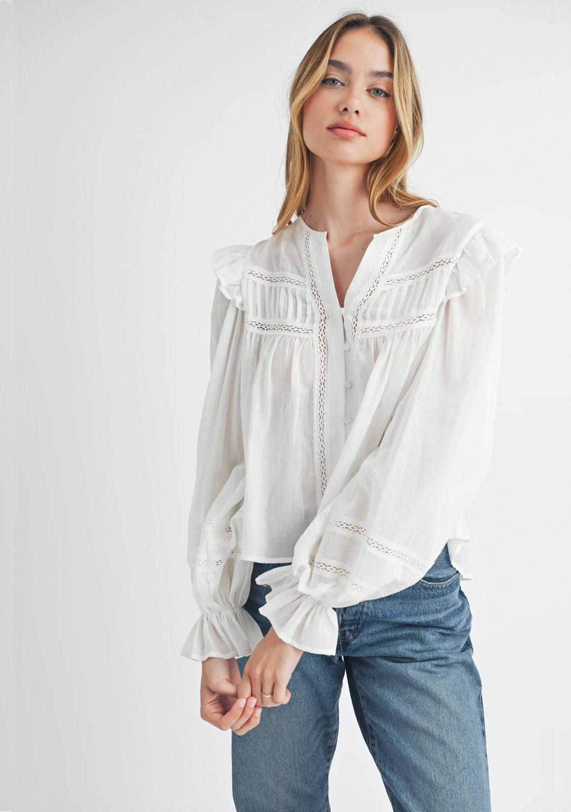 Ruffle Shoulder Button Front Blouse
