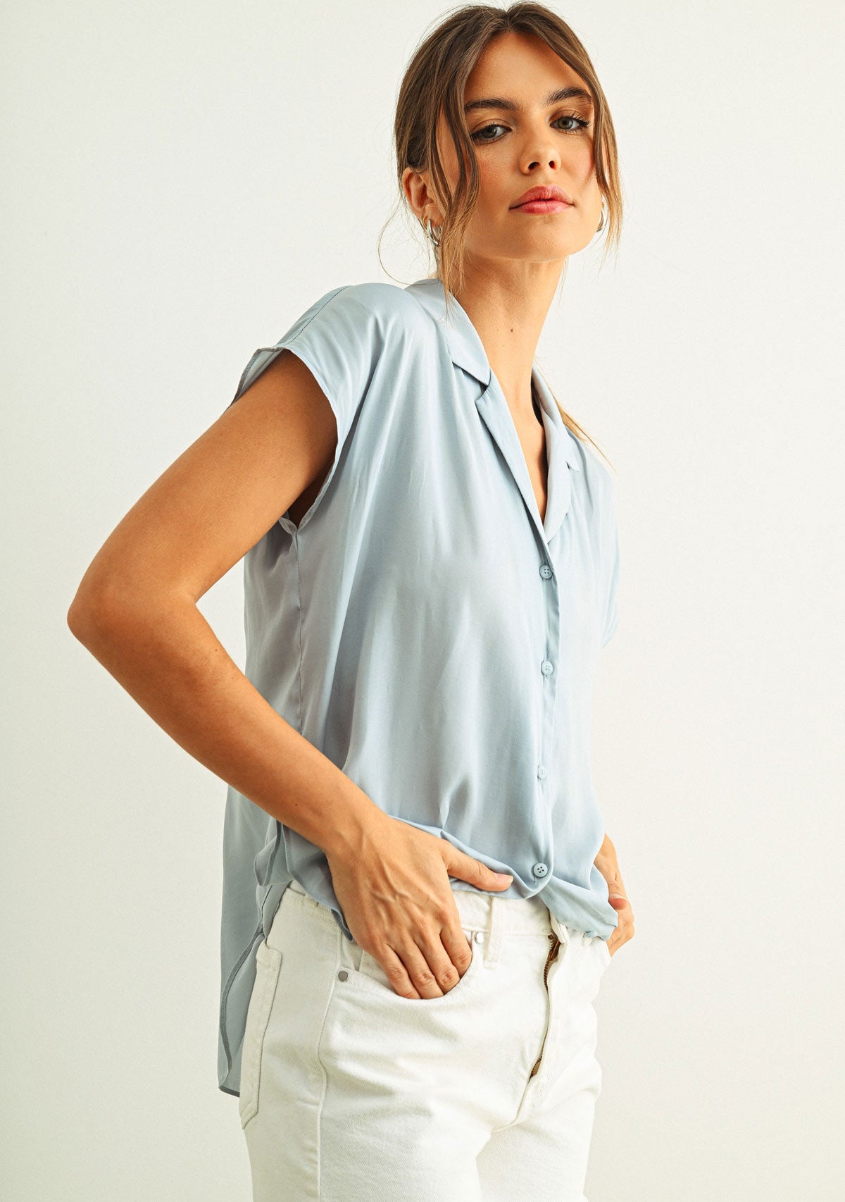 Button Down Cap Sleeve Shirt Baby Blue