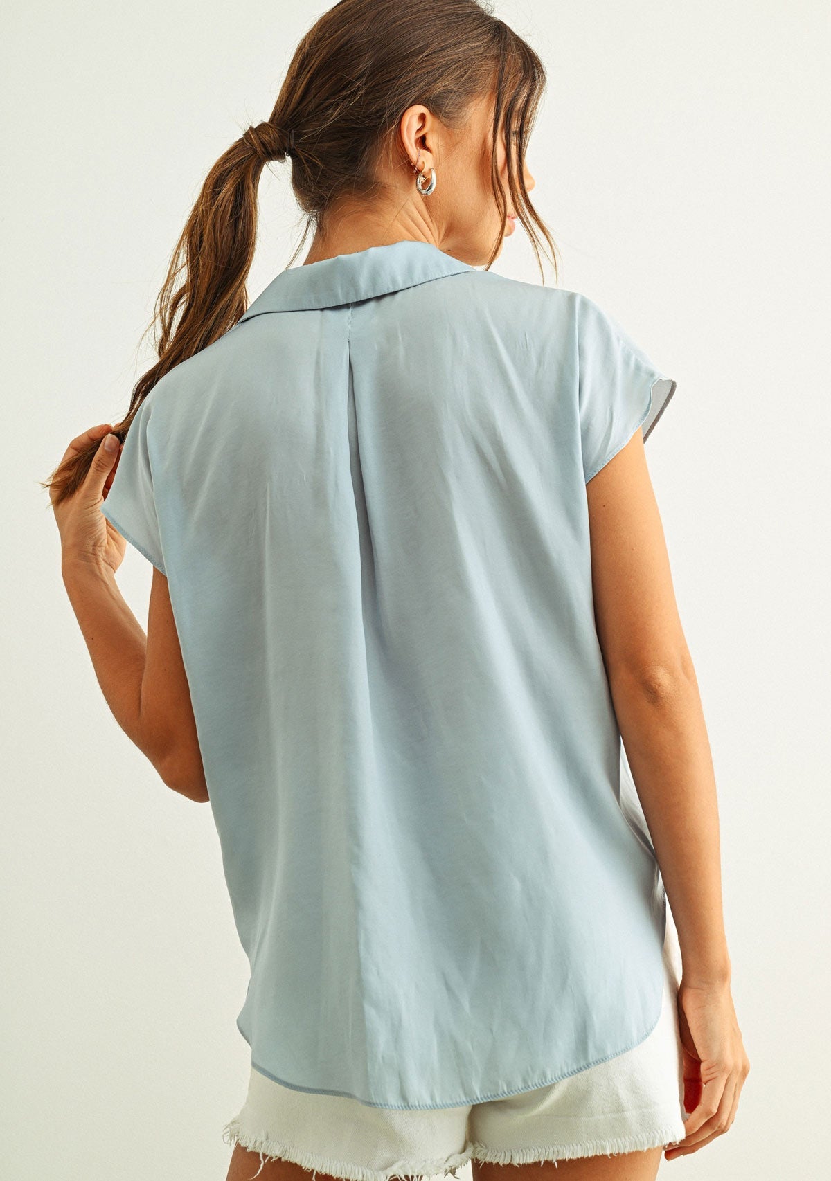 Button Down Cap Sleeve Shirt Baby Blue Miou Muse