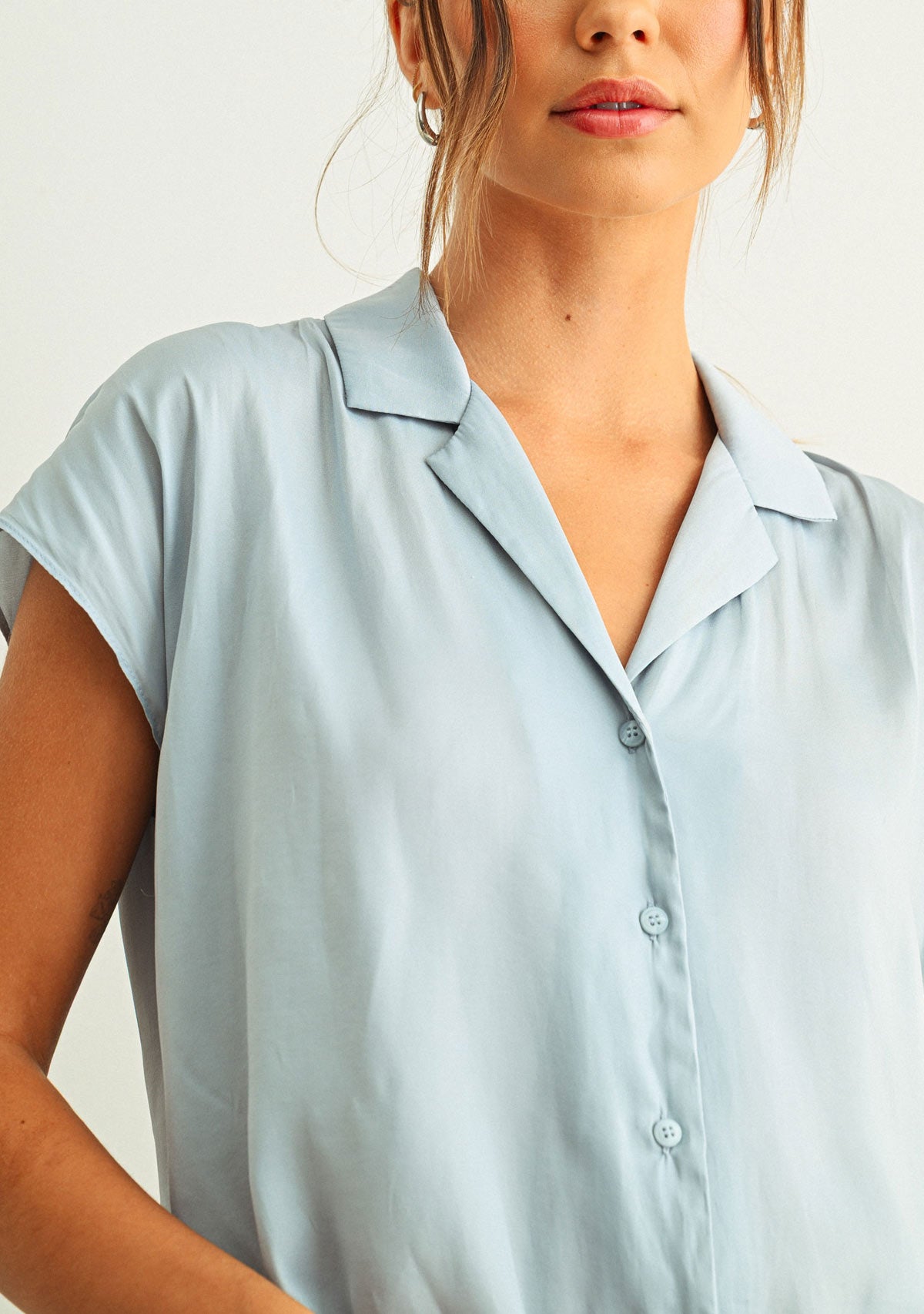 Button Down Cap Sleeve Shirt Baby Blue