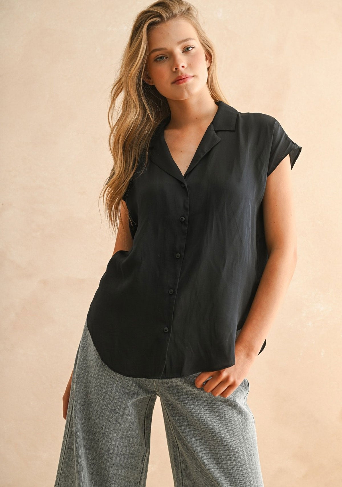 Button Down Cap Sleeve Shirt Deep Ocean Blue