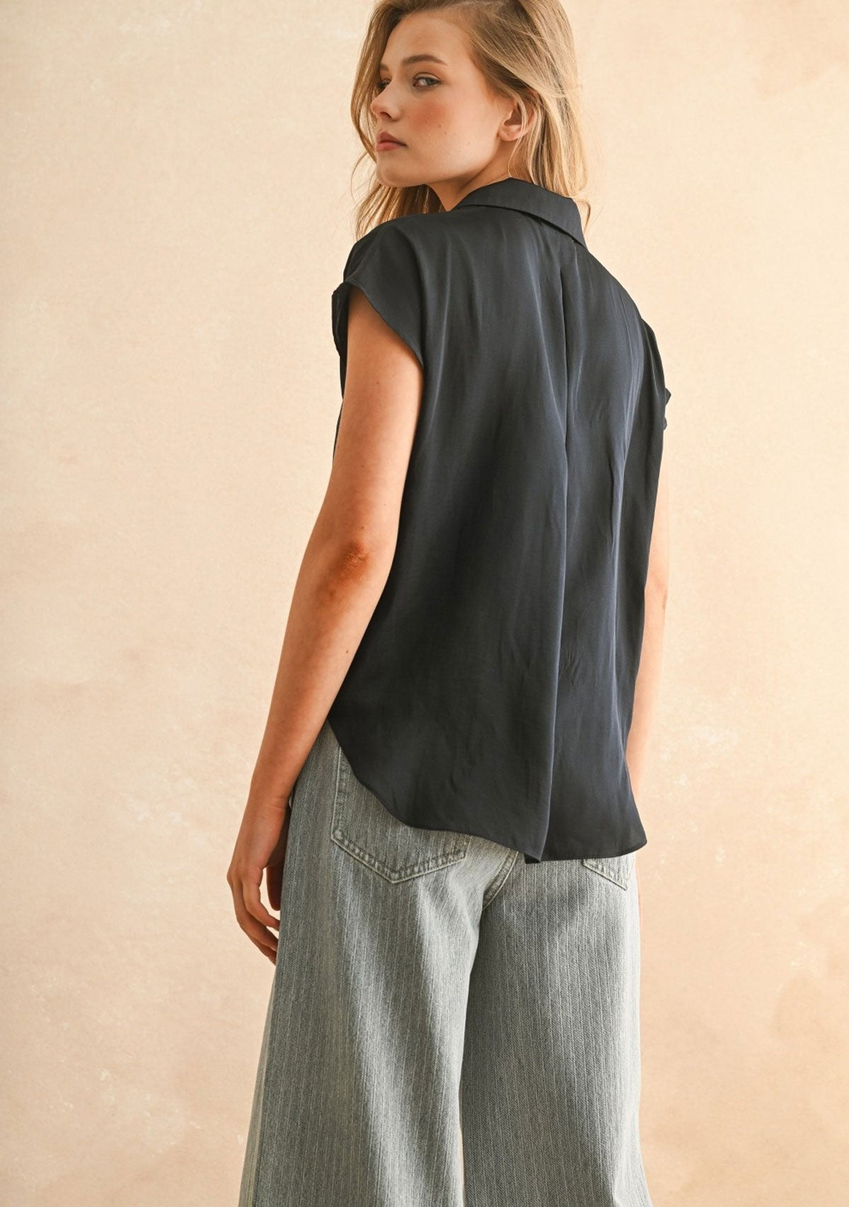 Button Down Cap Sleeve Shirt Deep Ocean Blue