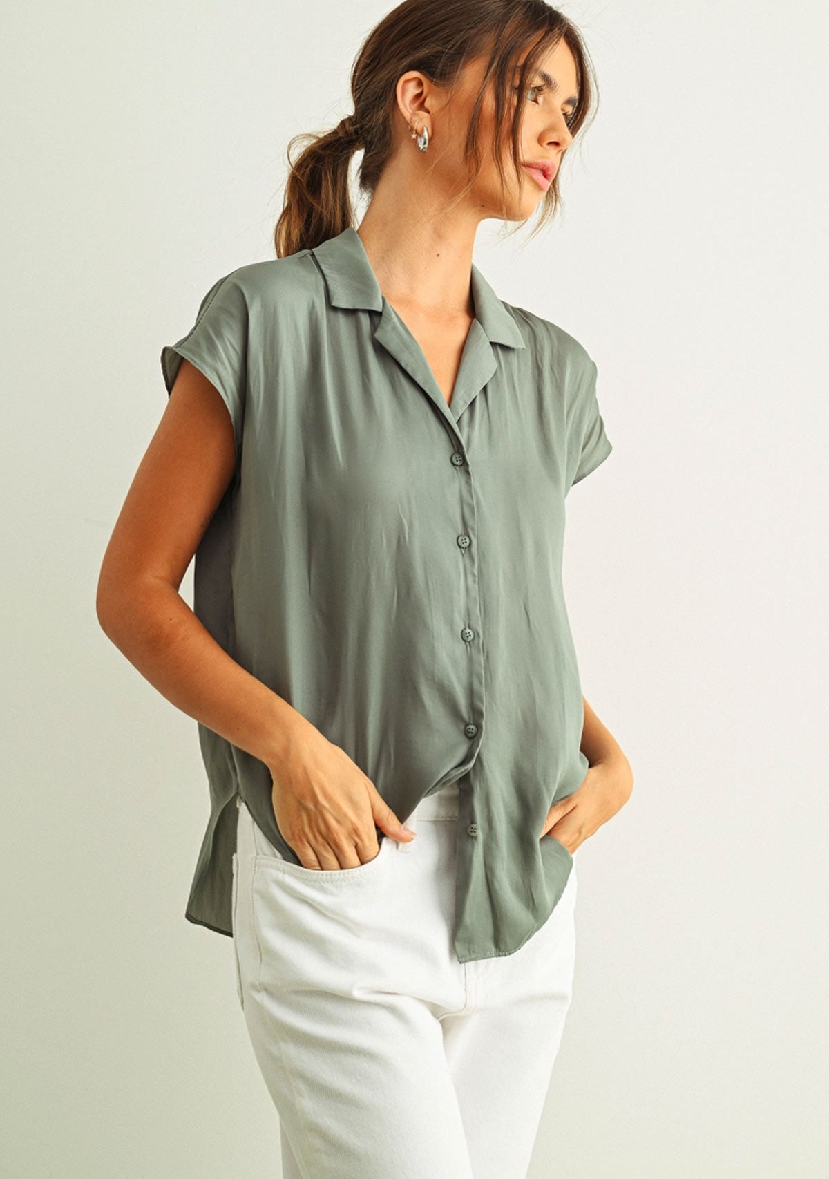Button Down Cap Sleeve Shirt Jade