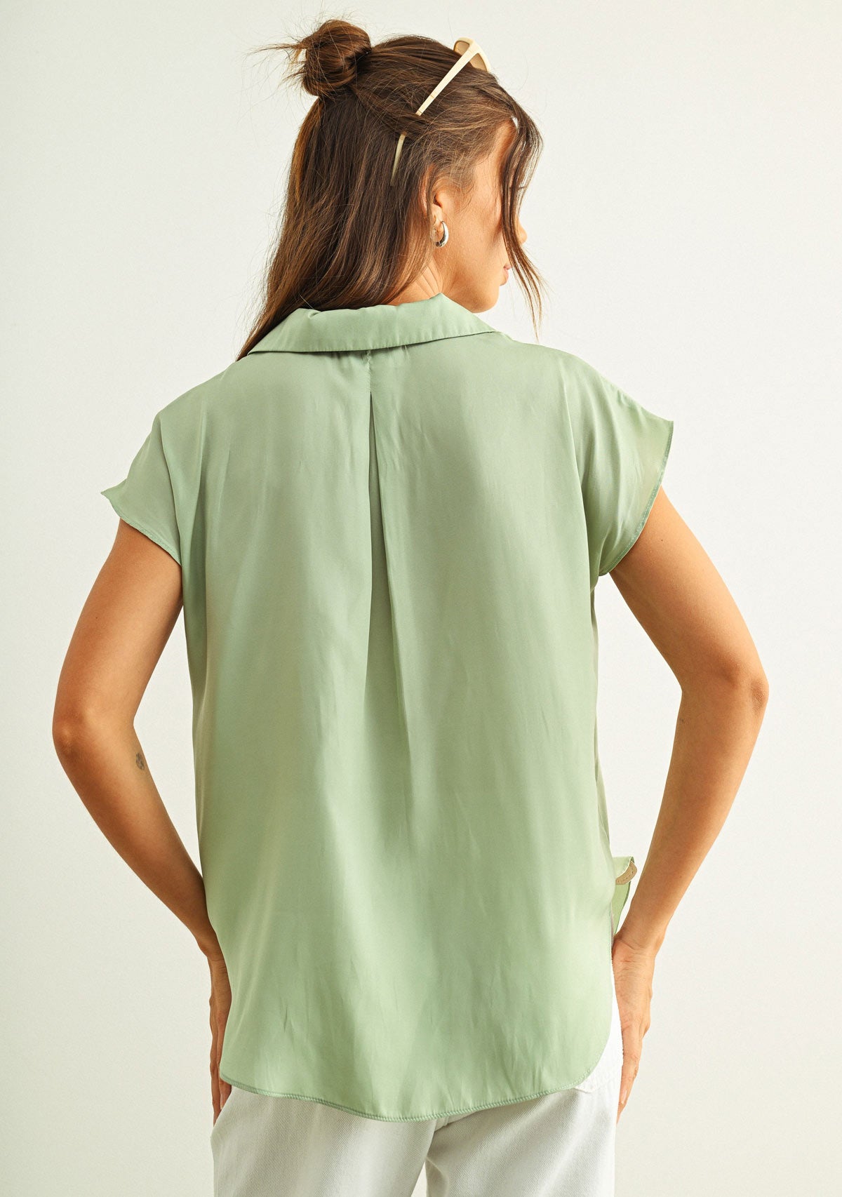 Button Down Cap Sleeve Shirt Sage Green