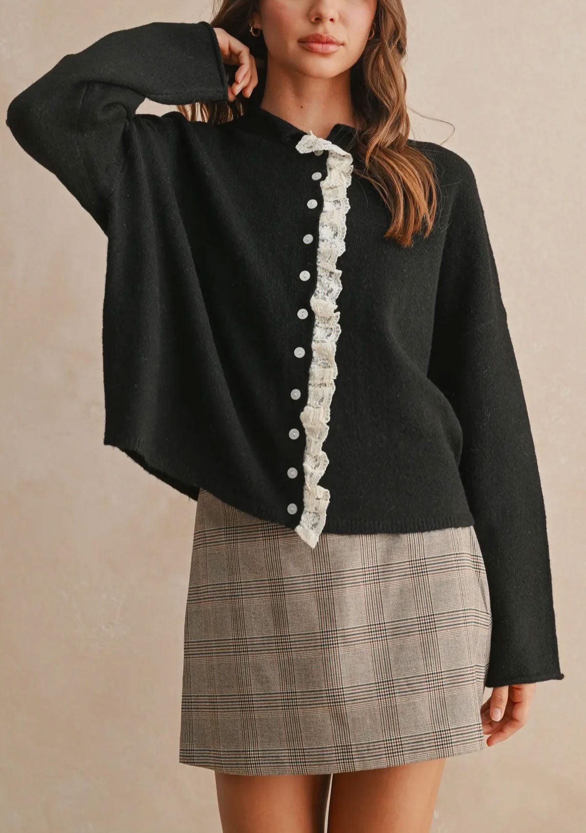 Button Front Lace Trim Knitted Cardigan Black