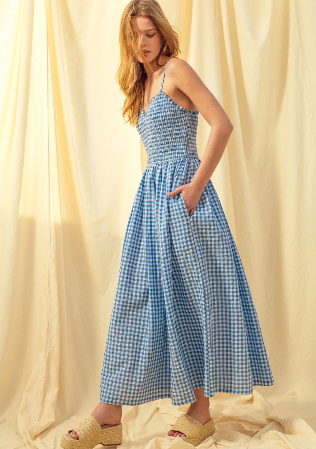 Gingham Print Long Dress Blue
