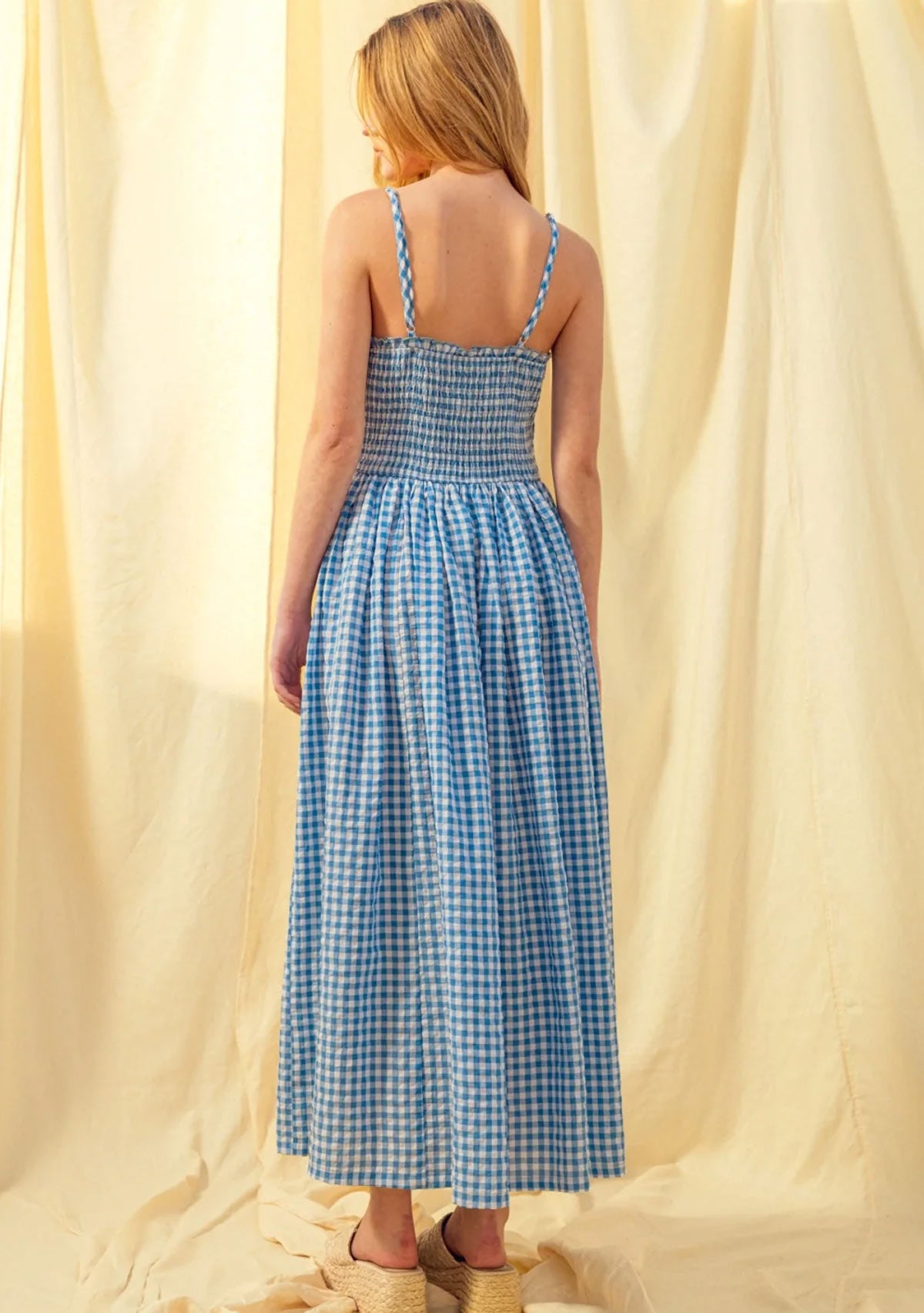 Gingham Print Long Dress Blue