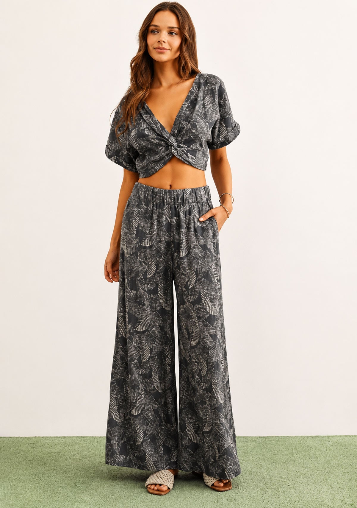 Leaf Print Faded Effect Pants Navy Miou Muse