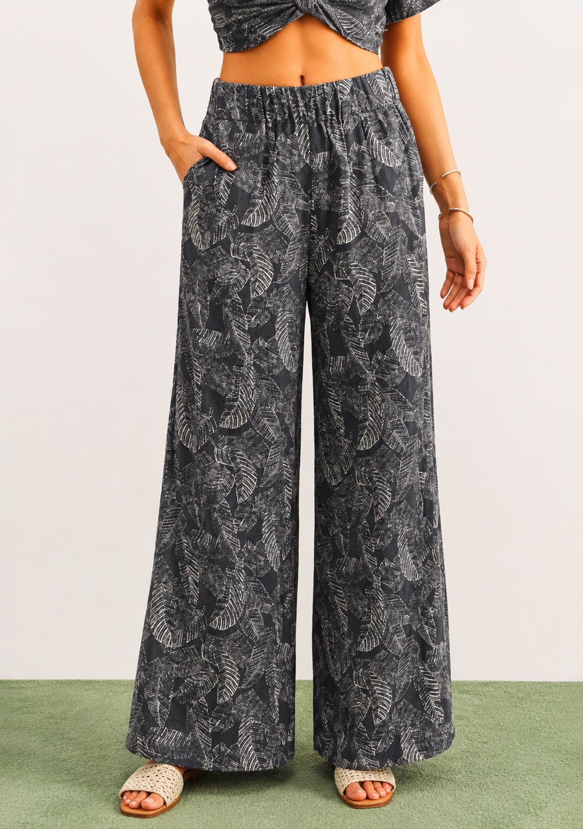 Leaf Print Faded Effect Pants Navy Miou Muse