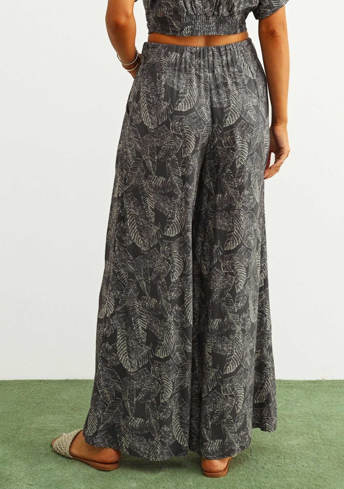 Leaf Print Faded Effect Pants Navy Miou Muse