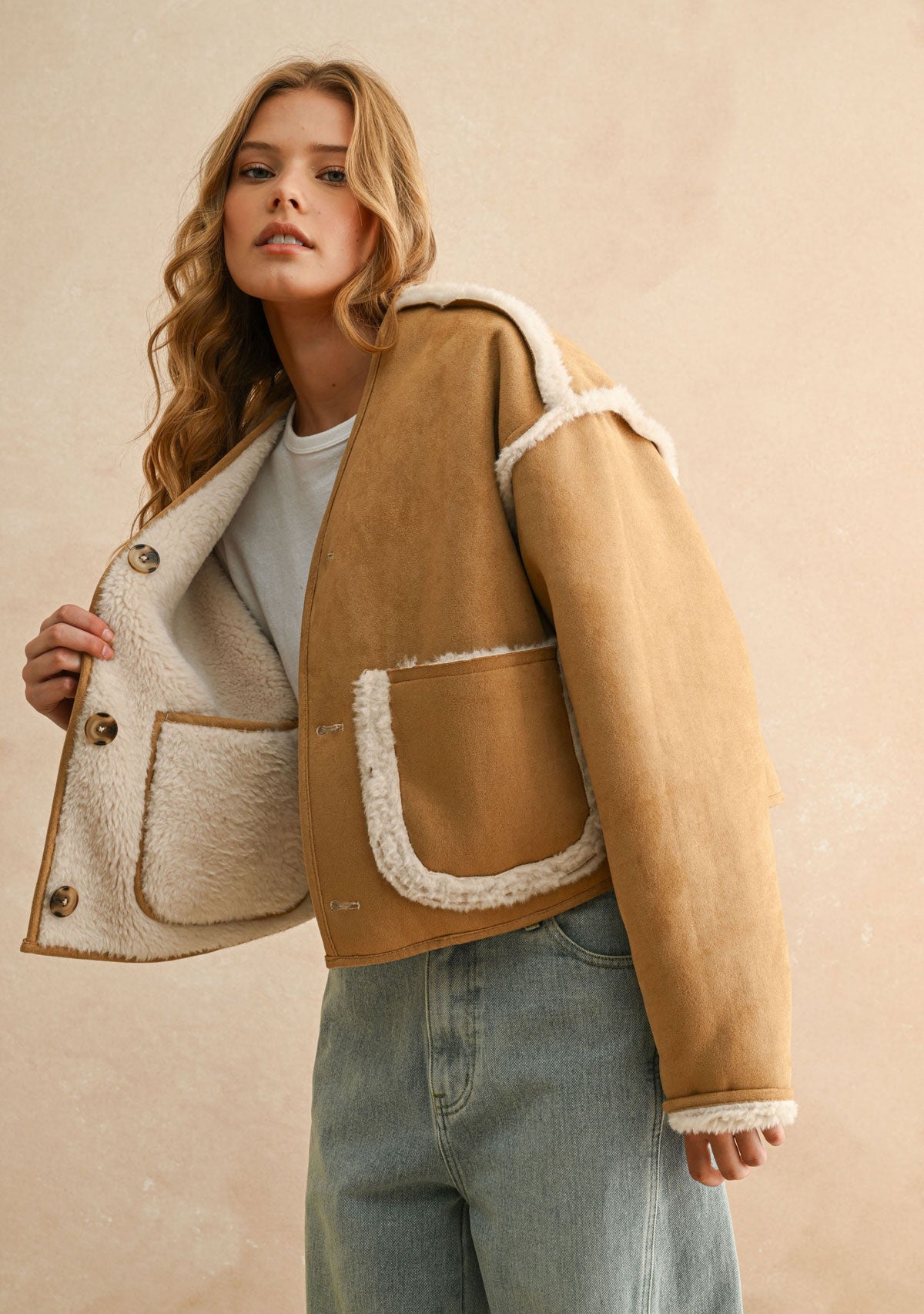 Sherpa And Suede Reversible Jacket Camel