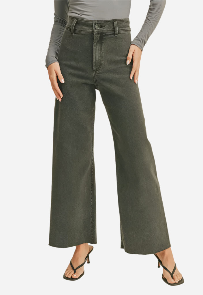 Wide Leg Denim Pants Fade Olive