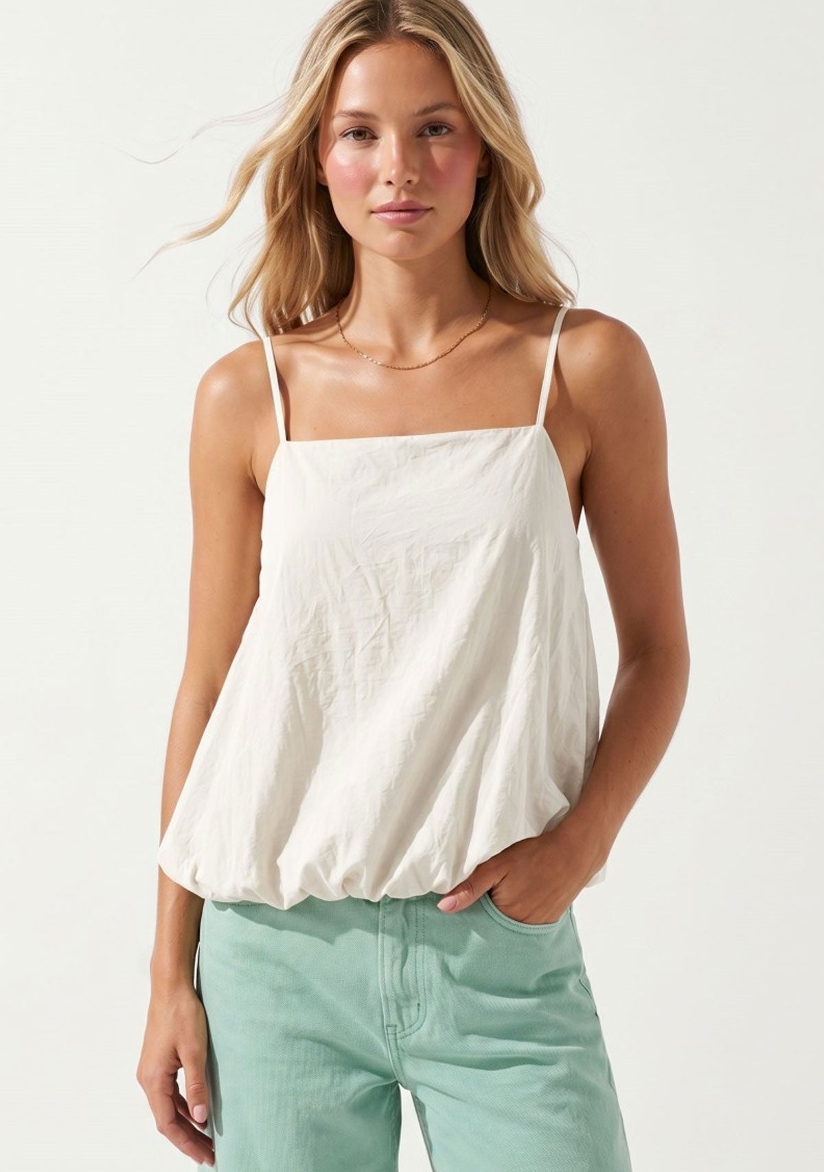 Billowy Cami Top with Bubble Hem Off White
