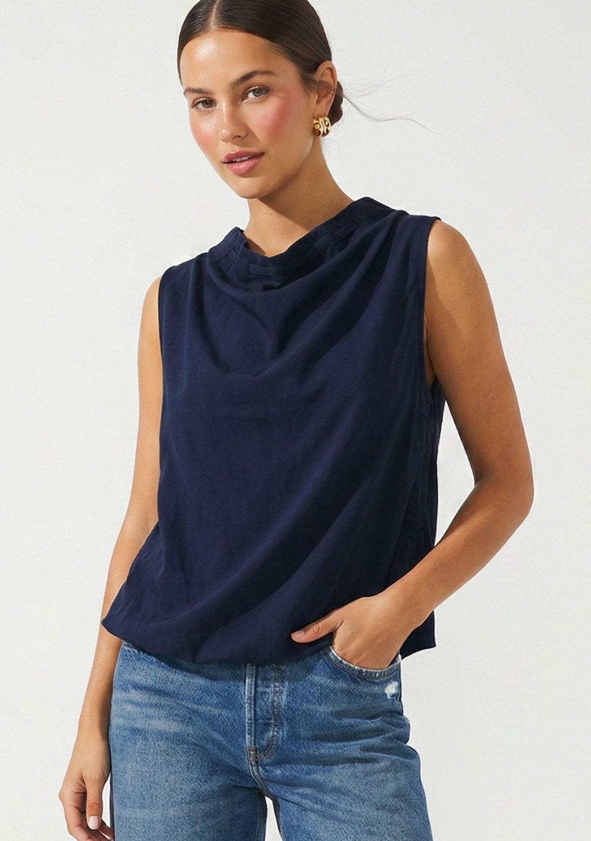 Cinched Mock Neck Sleeveless Top Dark Navy Naked Zebra
