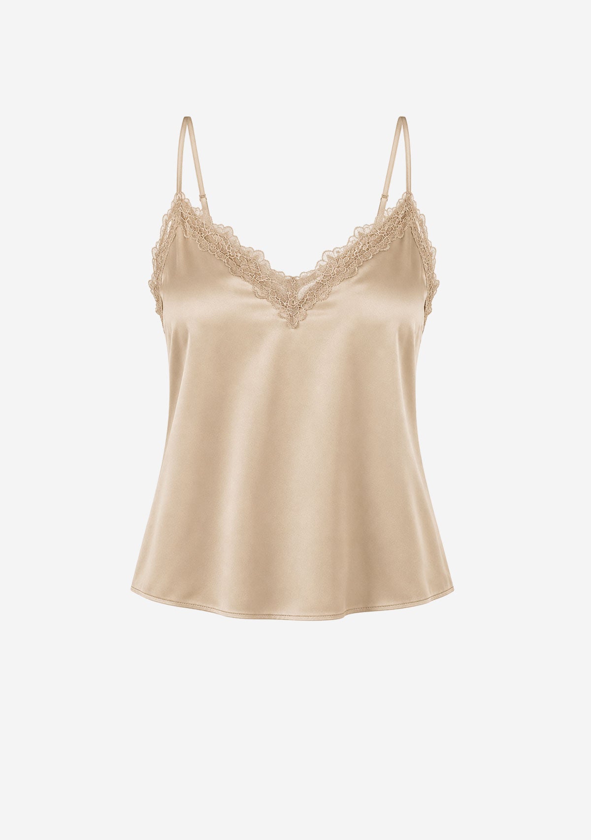 Classic Satin V-Neck Lace Trim Cami Beige