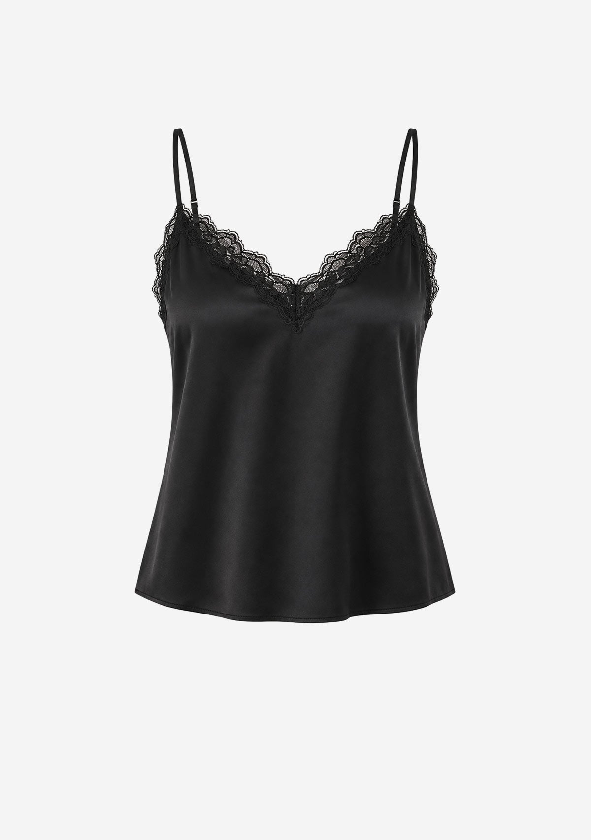Classic Satin V-Neck Lace Trim Cami Black Naked Zebra