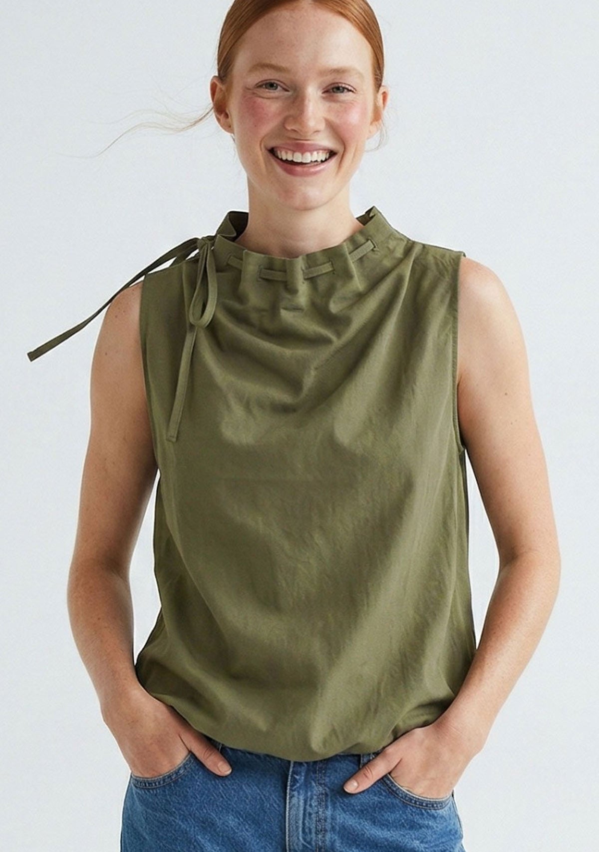Cinched Mock Neck Sleeveless Top Light Olive Naked Zebra