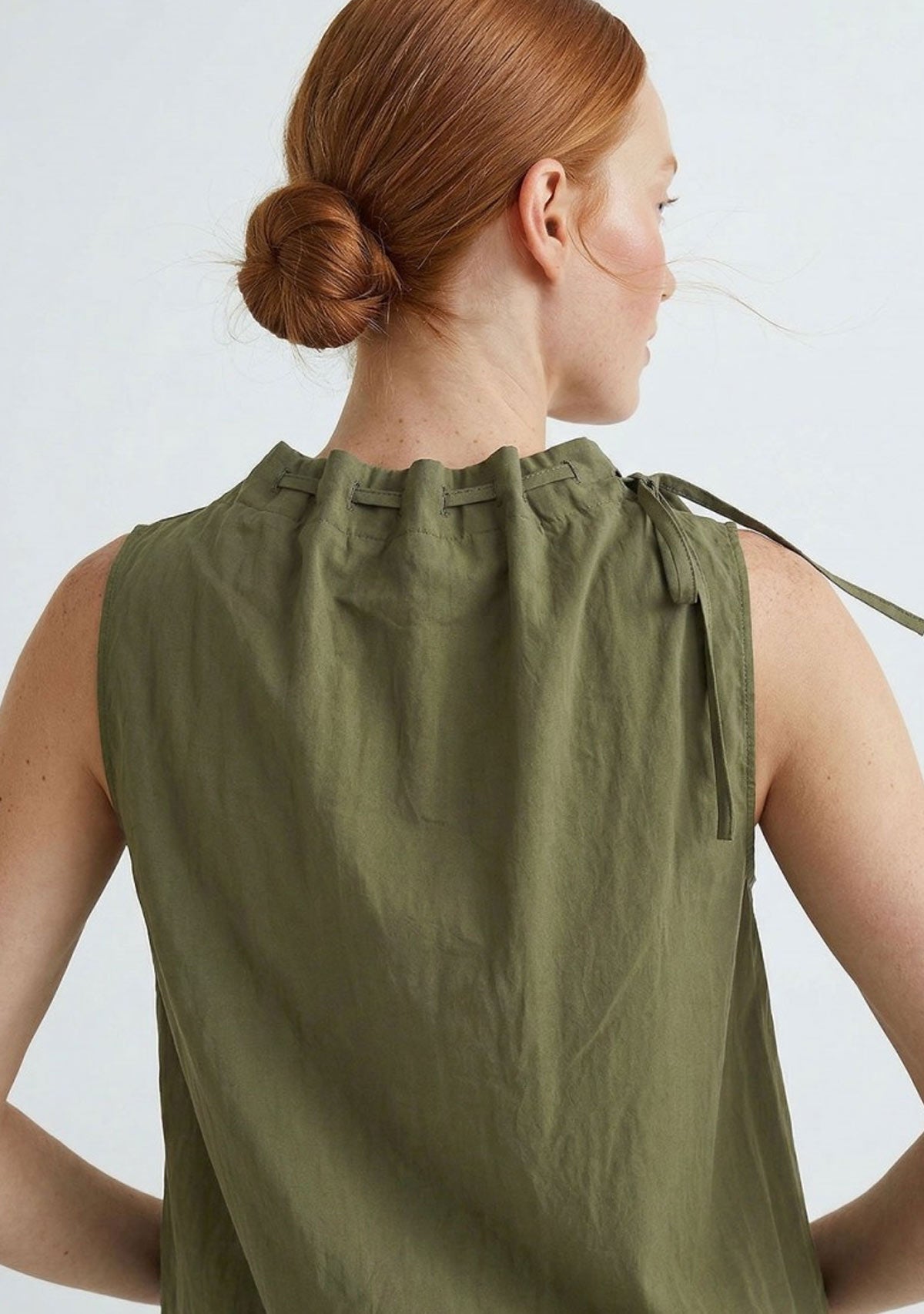 Cinched Mock Neck Sleeveless Top Light Olive Naked Zebra