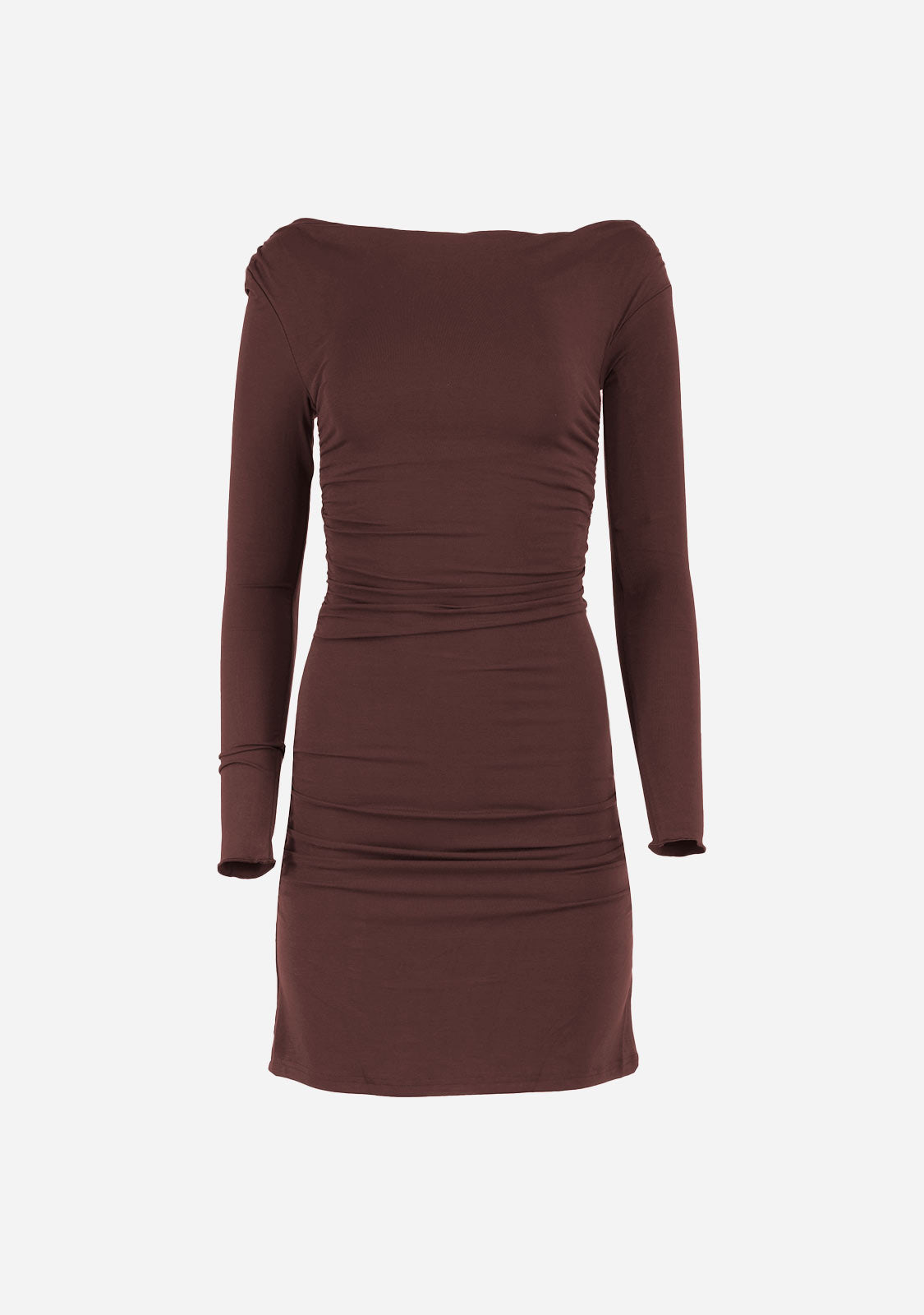 Long Sleeves Flattering Ruched Sides Brown Mini Dress